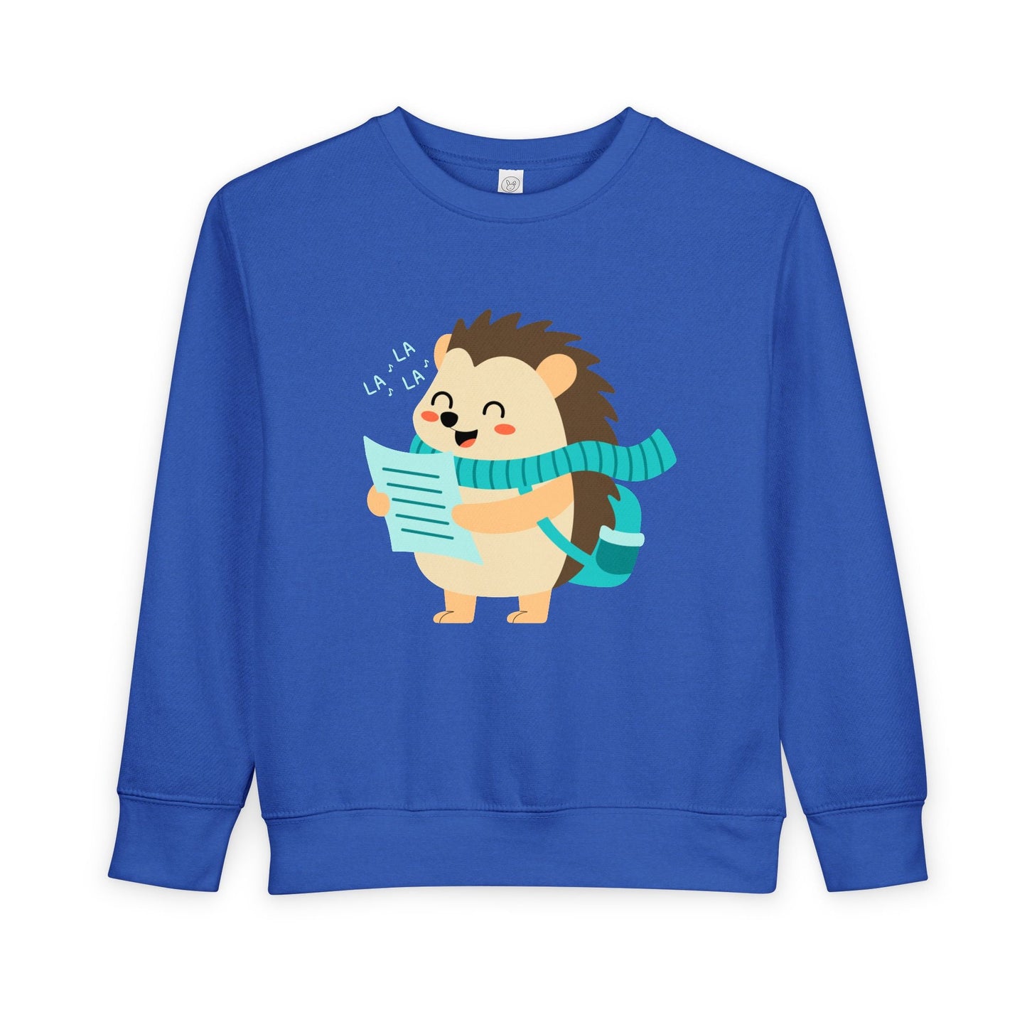 Blue toddler sweatshirt with a hedgehog singing from a music sheet 