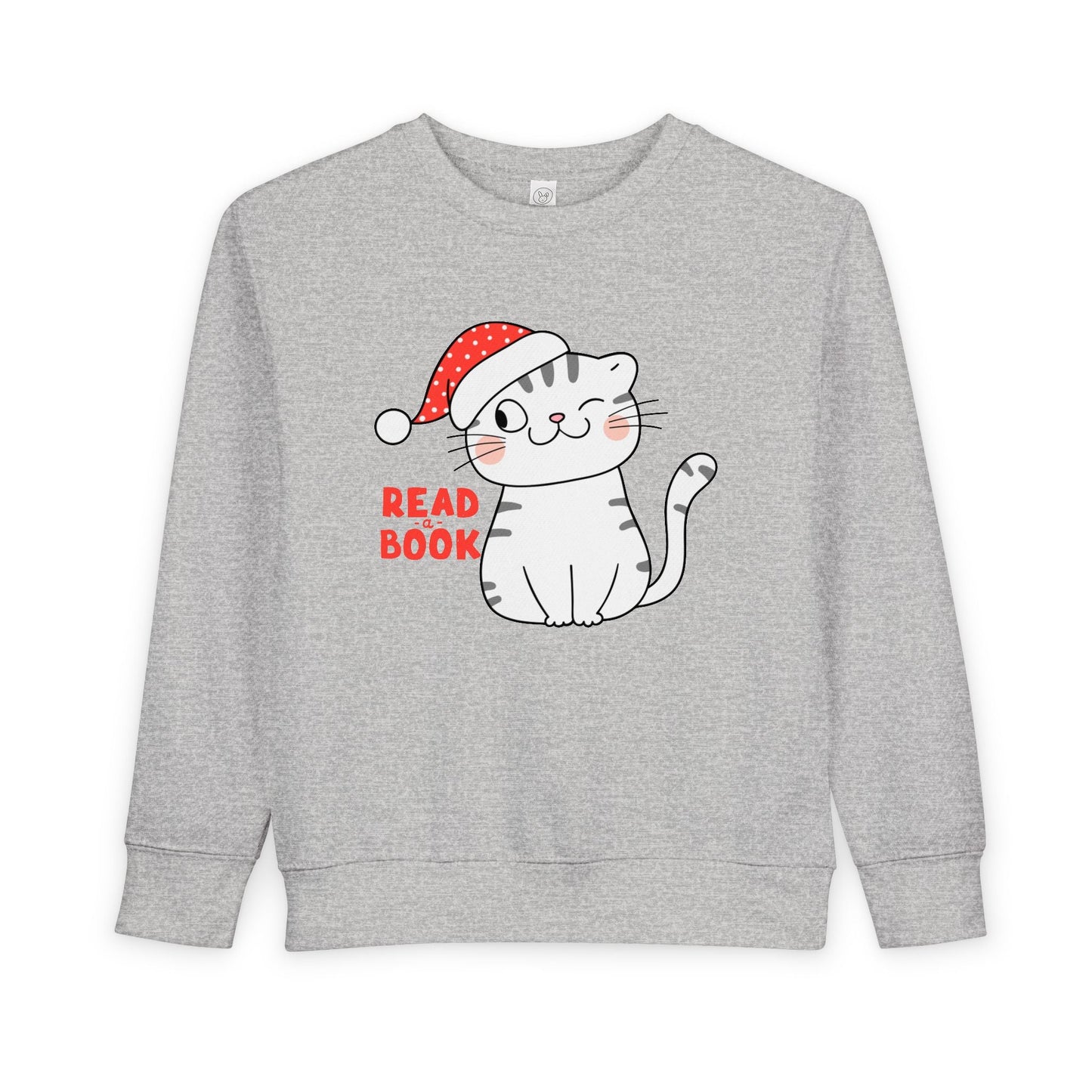 Light gray toddler sweatshirt with a winking gray and white cat wearing a Santa hat and 'Read a Book' text on a white background