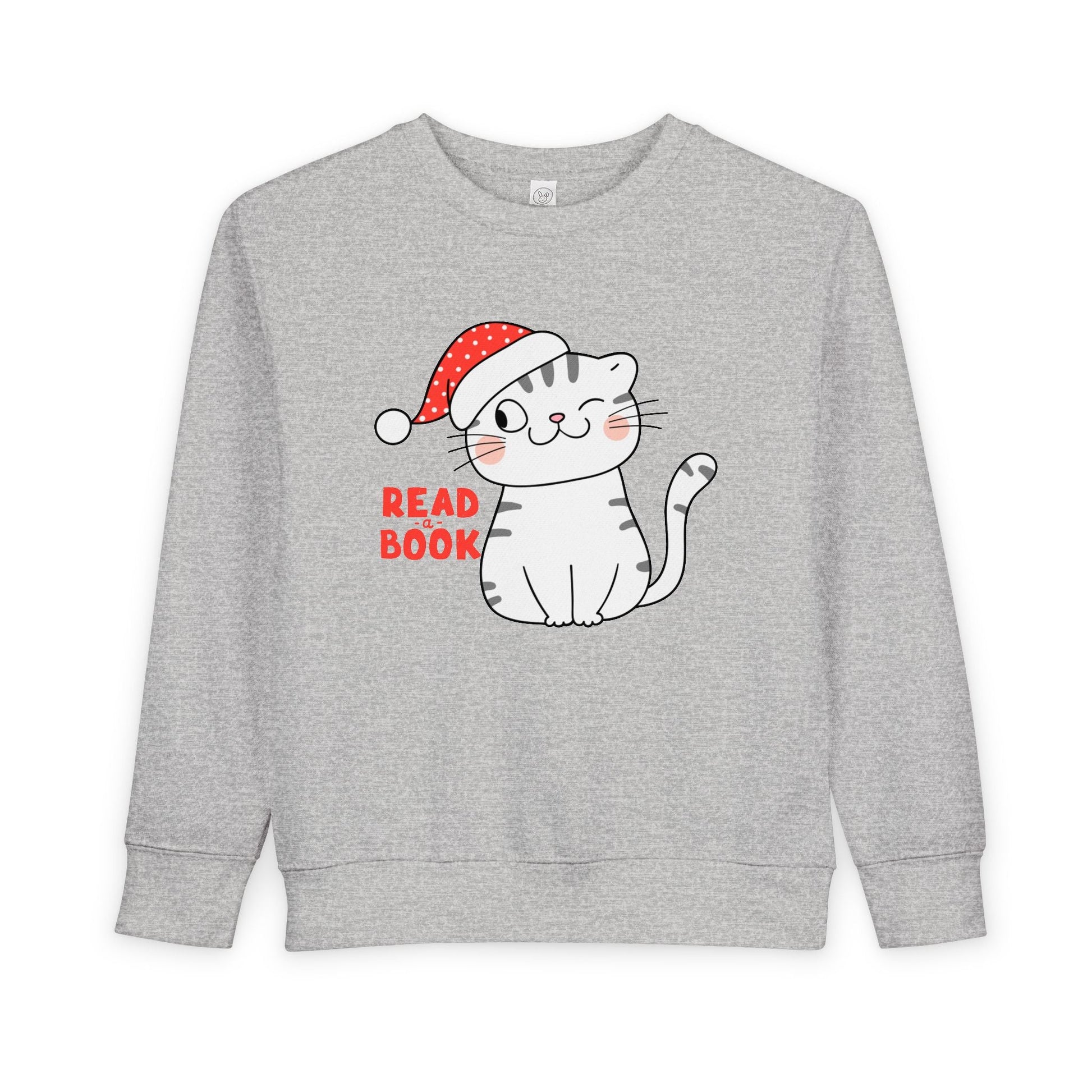 Light gray toddler sweatshirt with a winking gray and white cat wearing a Santa hat and 'Read a Book' text on a white background