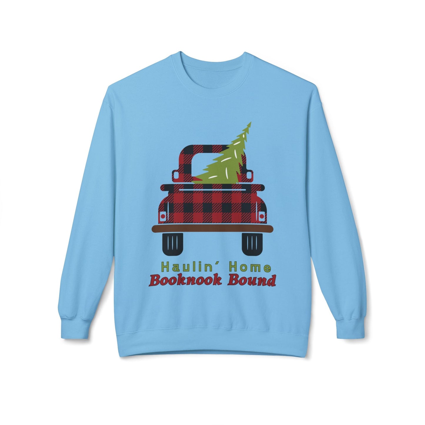 Teen/Adult Unisex Haulinâ€™ Home Booknook Bound Sweatshirt â€“ Cozy Holiday Plaid Truck Design Printify