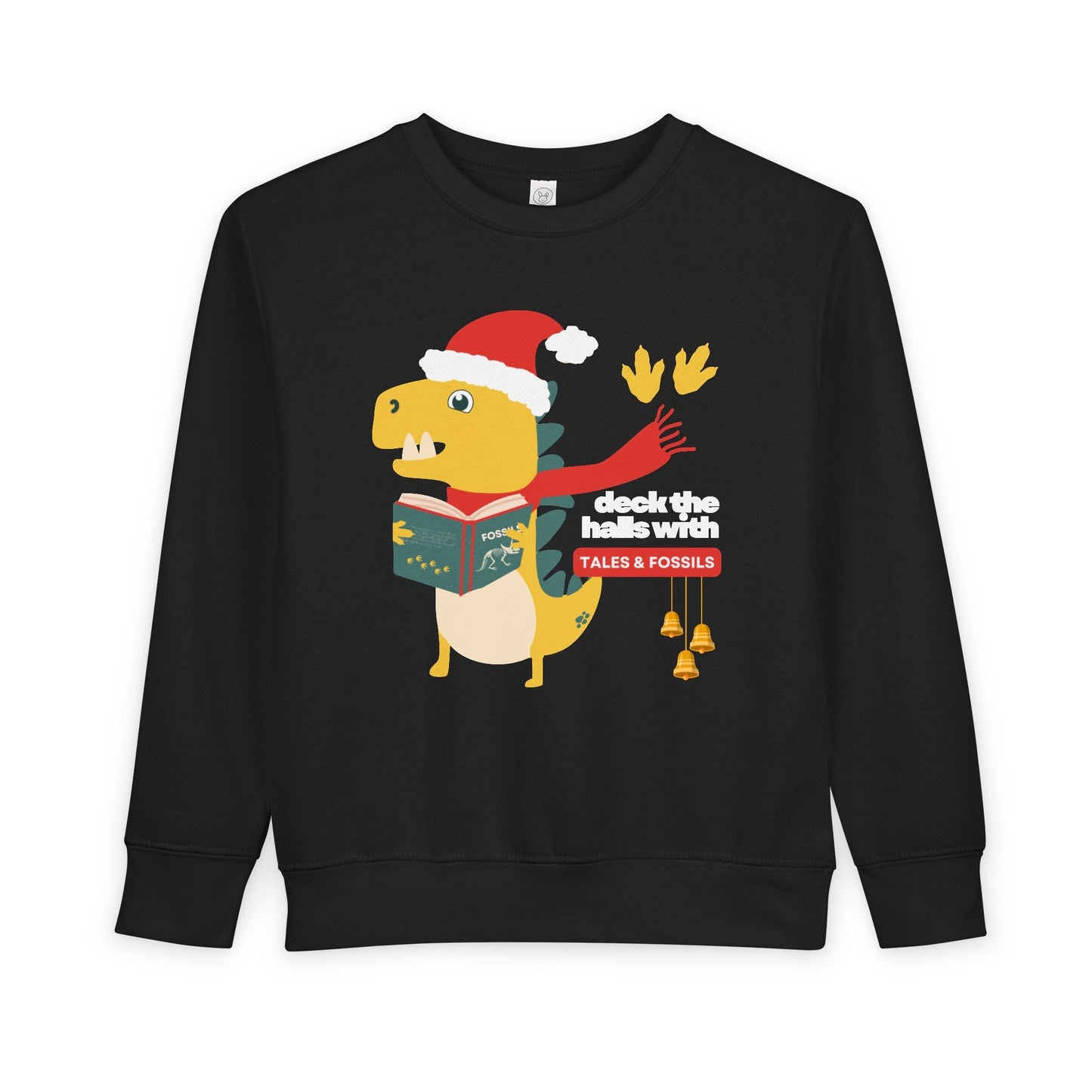Black toddler sweatshirt with a dinosaur wearing a Santa hat, reading a book, and text 'deck the halls with tales & fossils' 