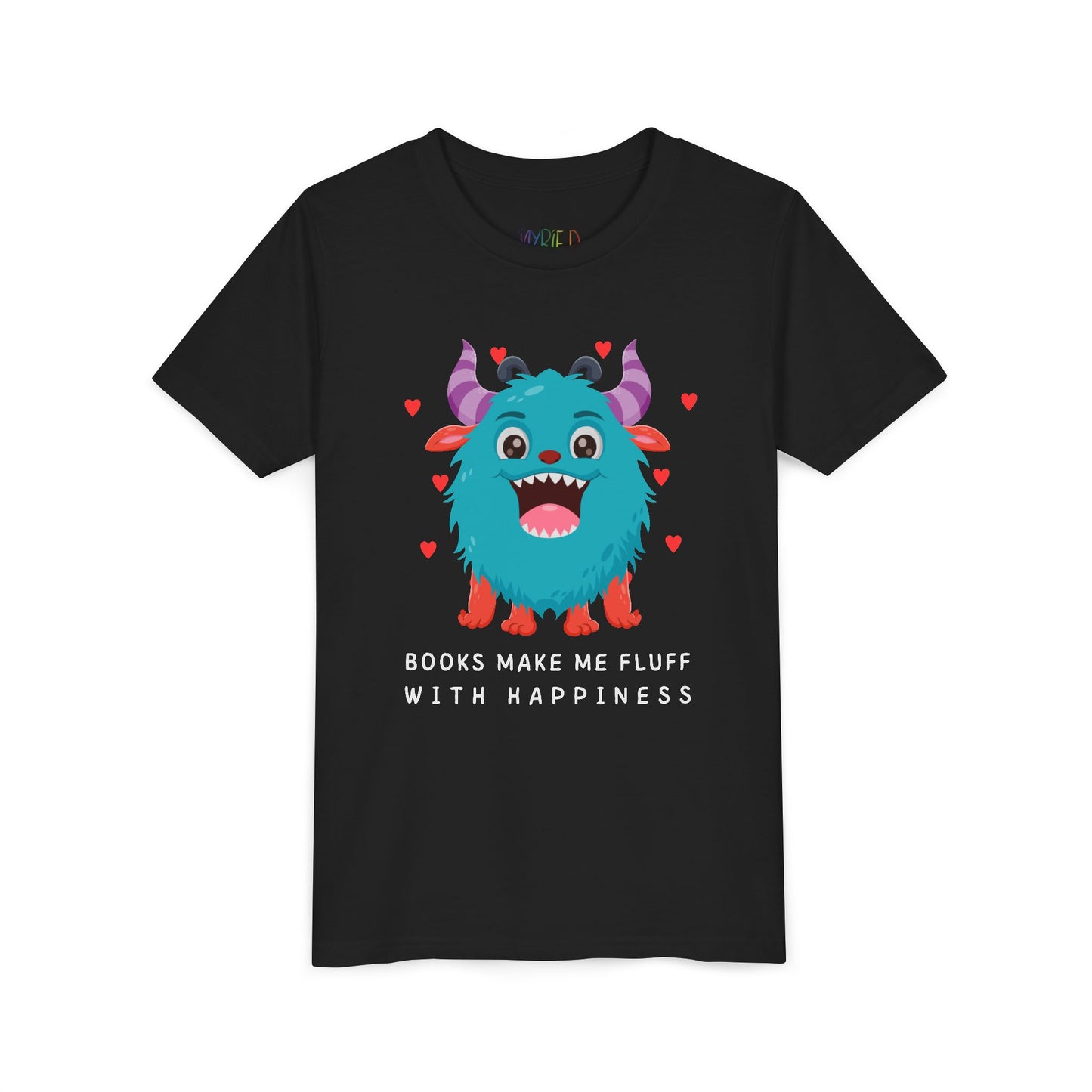 Black t-shirt with a joyful cartoon monster surrounded by hearts and text 'Books Make Me Fluff With Happiness'