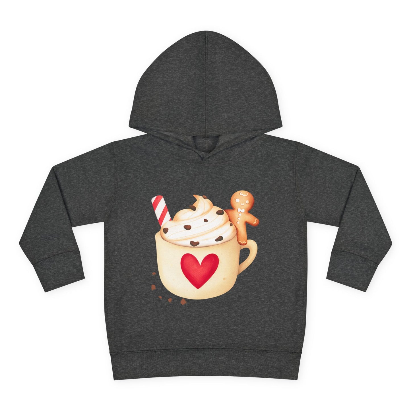 Black toddler hoodie with a cup of hot cocoa featuring whipped cream, a candy cane, chocolate sprinkles and a gingerbread man on a white background.