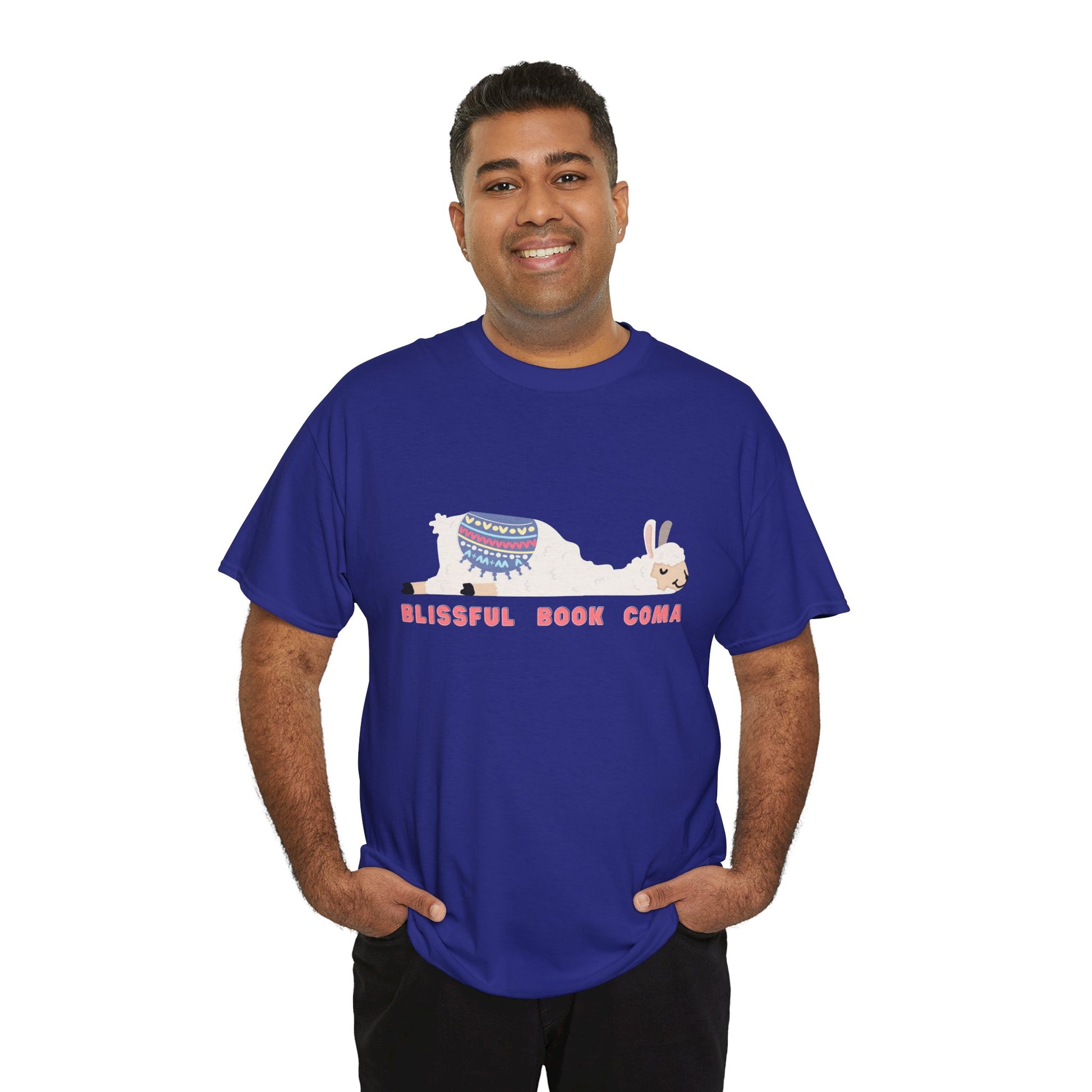 Man wearing a blue t-shirt with a napping llama and text 'Blissful Book Coma' 