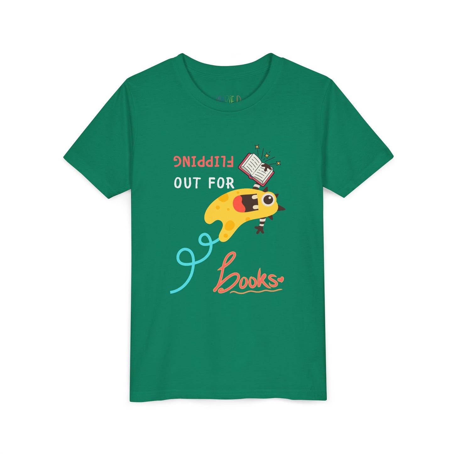 Green t-shirt with a yellow monster holding a book while flipping backwards through the air and playful text 'Flipping Out For Books'