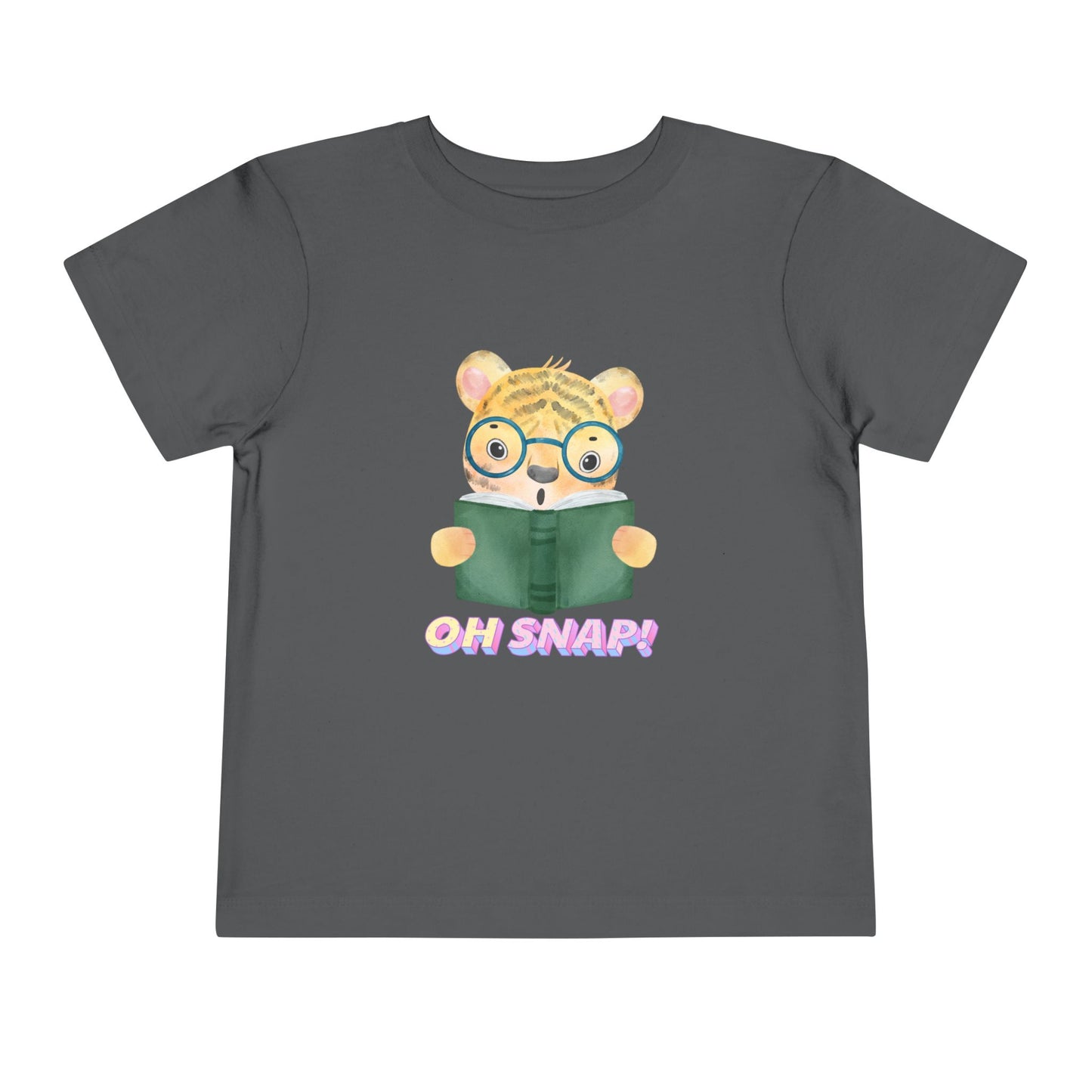 Gray toddler t-shirt with a surprised cartoon tiger wearing glasses, holding a book and text 'OH SNAP!' 