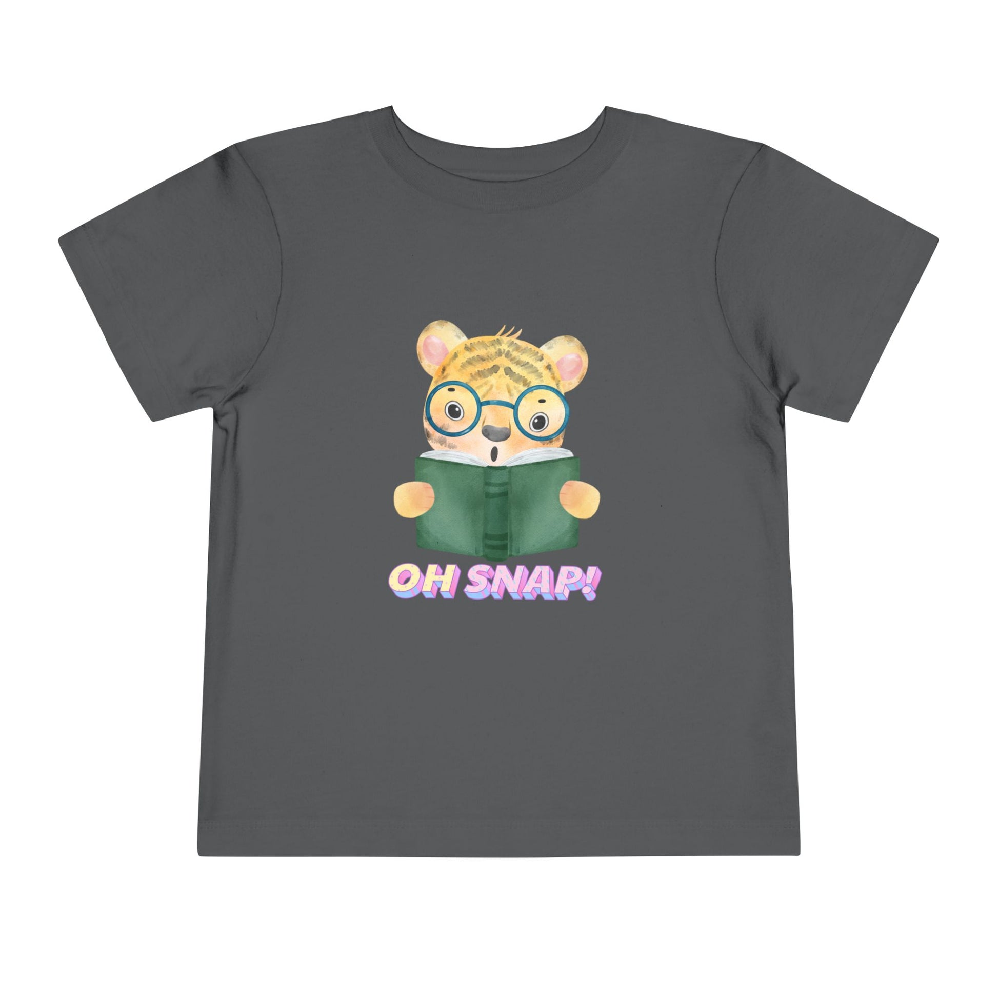 Gray toddler t-shirt with a surprised cartoon tiger wearing glasses, holding a book and text 'OH SNAP!' 