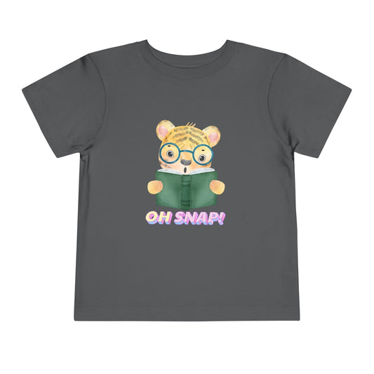Gray toddler t-shirt with a surprised cartoon tiger wearing glasses, holding a book and text 'OH SNAP!' 