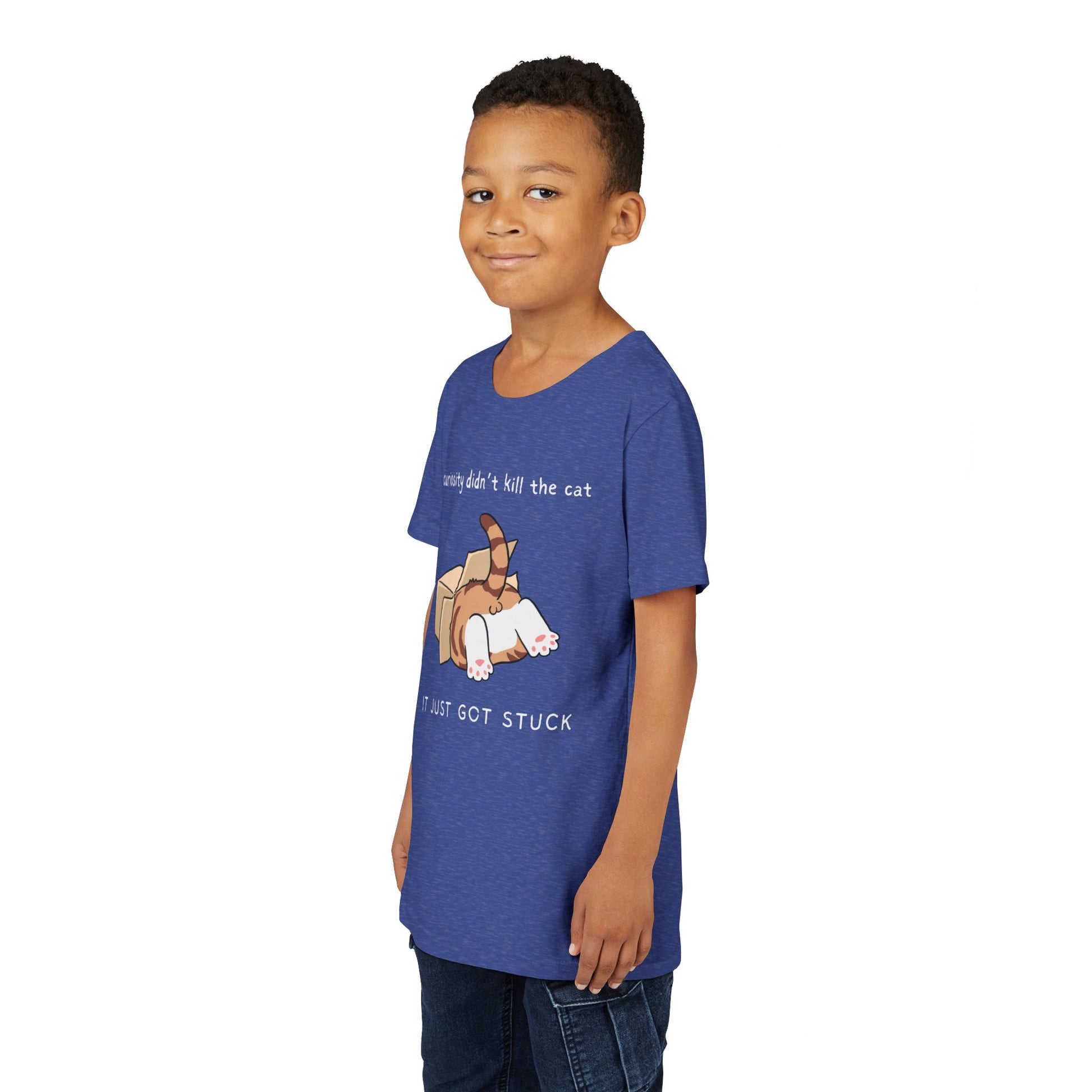 Boy wearing a blue t-shirt with a cat inside a box and text 'curiosity didn't kill the cat, it just got stuck' 