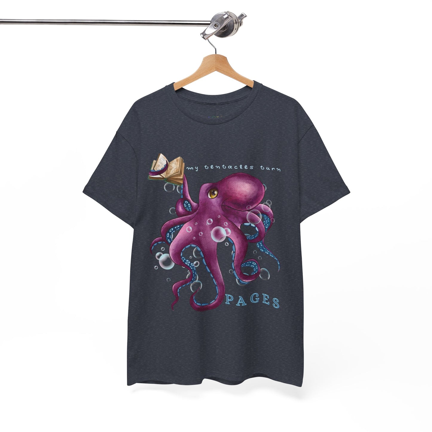 Gray t-shirt with a purple octopus design holding a book in one tentacle, bubbles and text 'My Tentacles Turn Pages' 