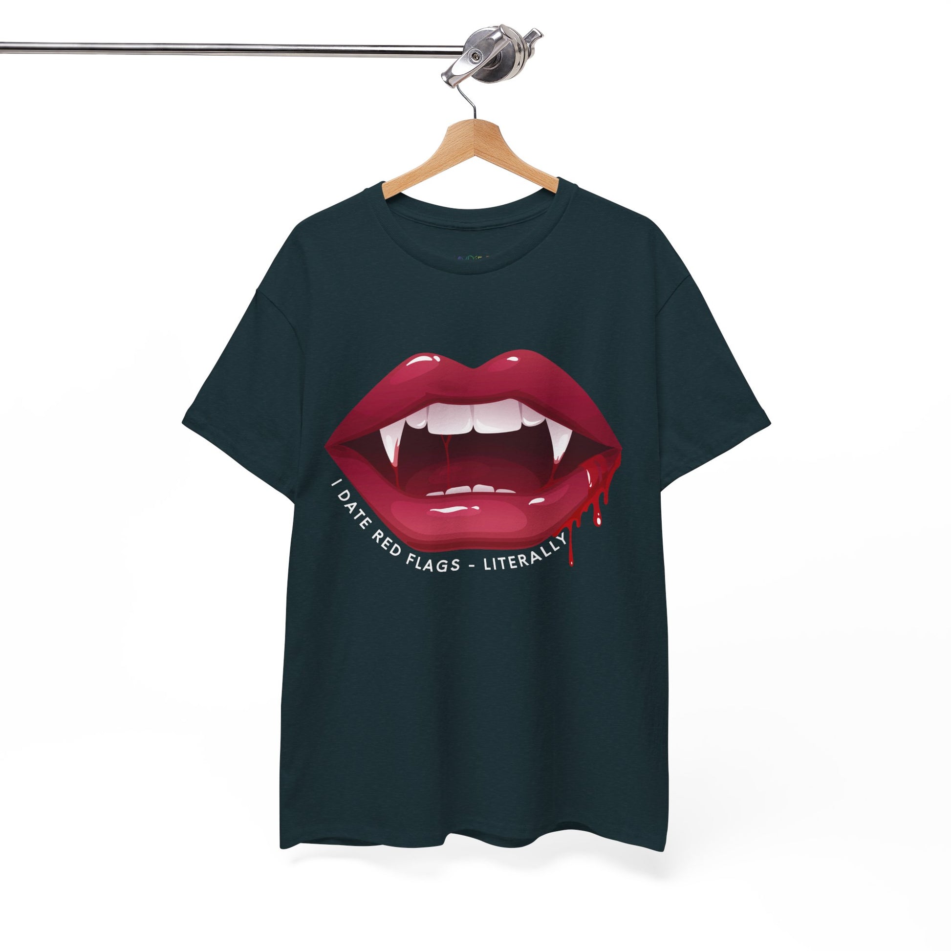 Dark t-shirt with graphic of red vampire teeth with blook dripping from the lips and text 'I Date Red Flags - Literally' 