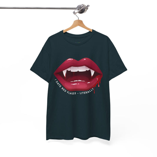 Dark t-shirt with graphic of red vampire teeth with blook dripping from the lips and text 'I Date Red Flags - Literally' 
