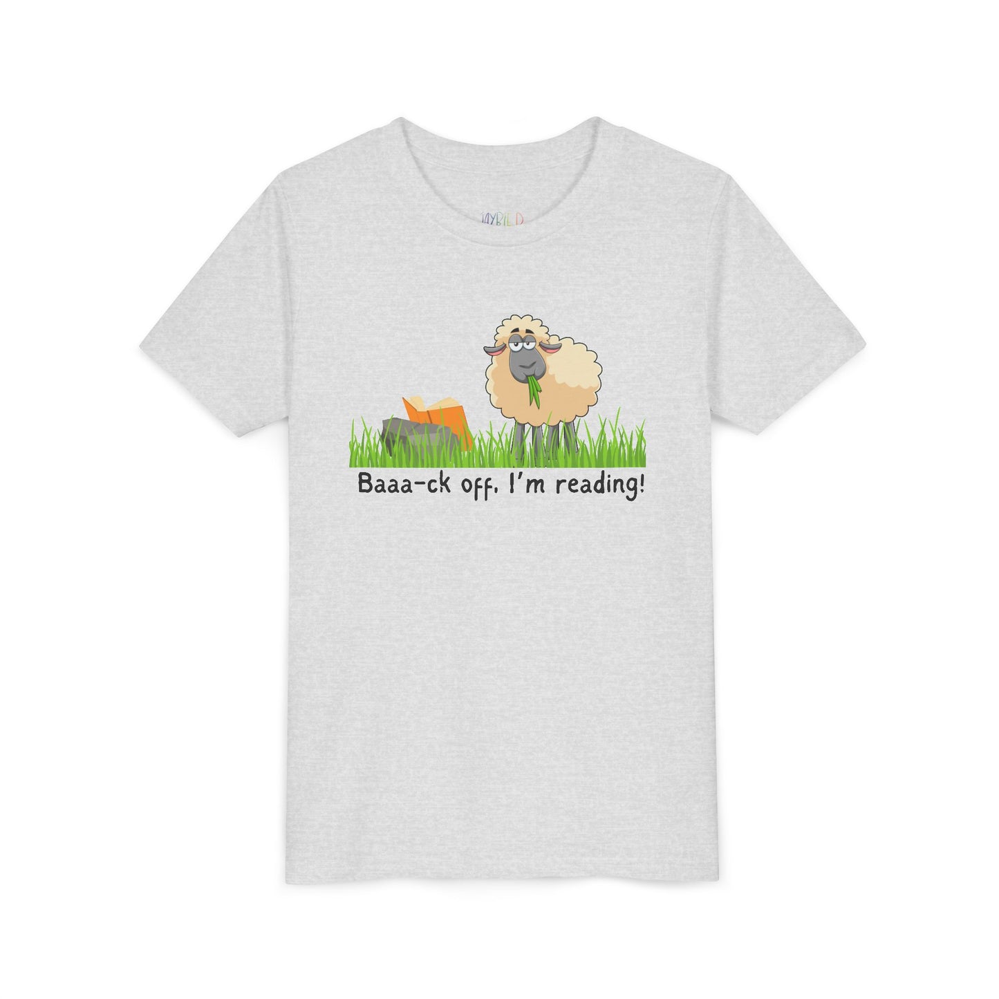 Light gray t-shirt with a sheep graphic reading a book and text 'Baaa-ck off, I'm reading!'