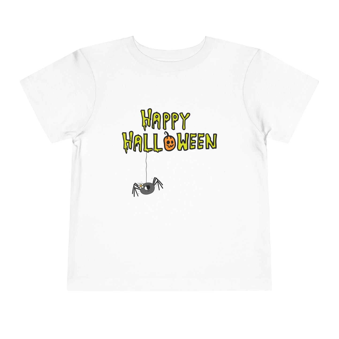 White t-shirt with creepy type text 'Happy Halloween' and a dangling spider 