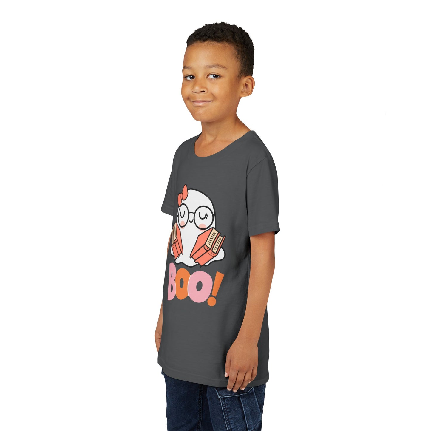 Boy wearing a gray t-shirt with an eyeglass wearing ghost holding two armfuls of books and 'BOO!' text