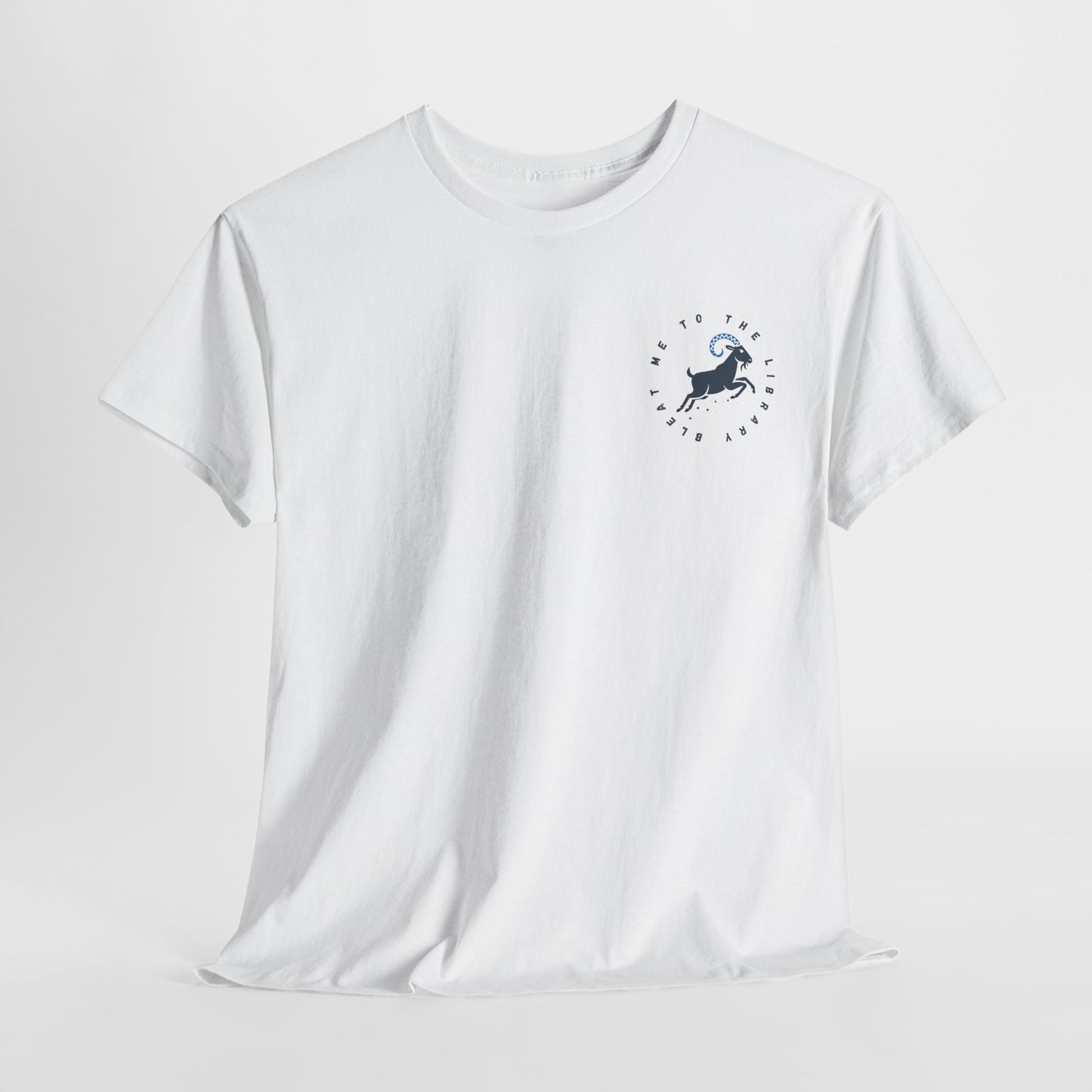 White t-shirt with a small gray and blue leaping goat / ram logo, encircled with text 'BLEAT ME TO THE LIBRARY'