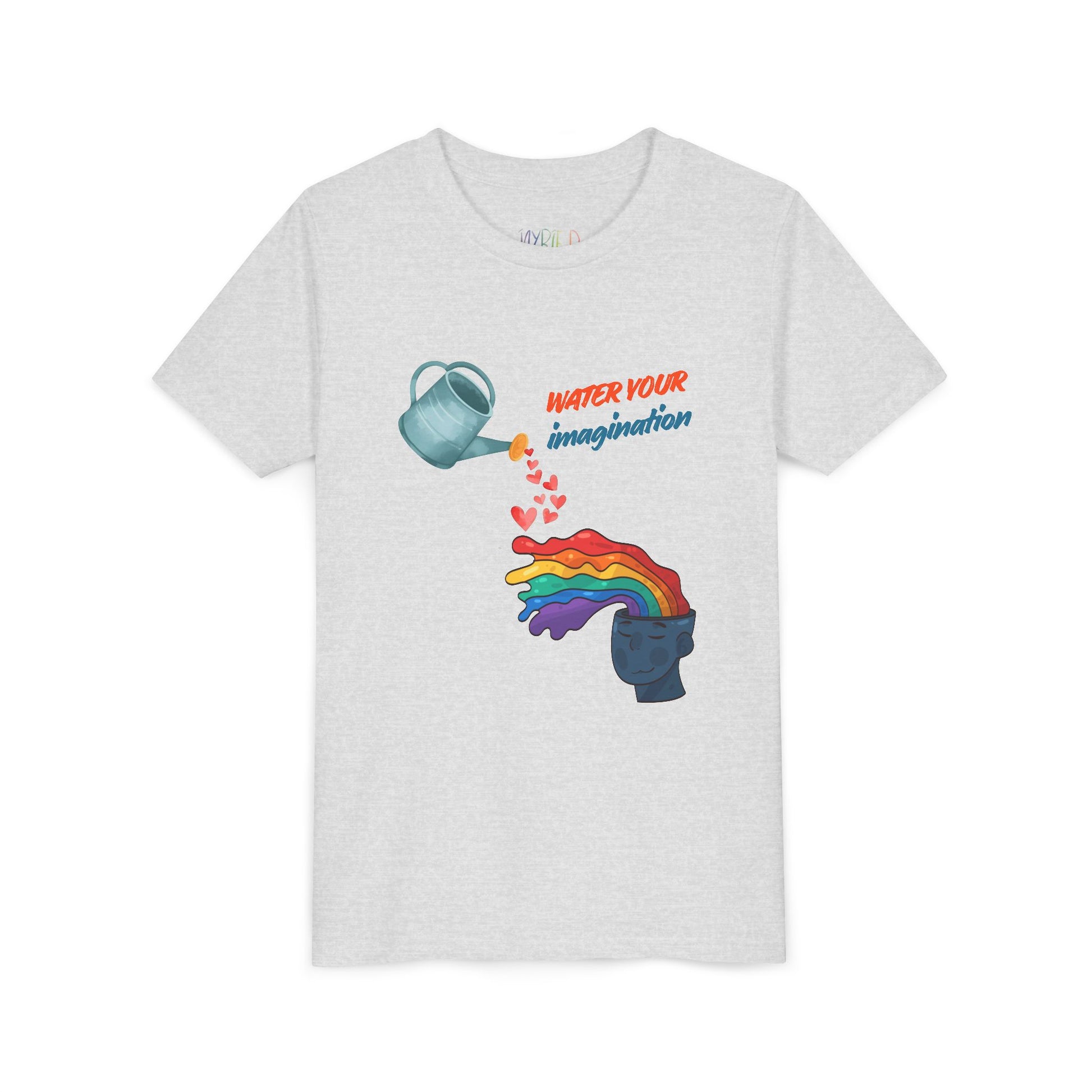 Light gray t-shirt with watering can pouring hearts into a watercolor rainbow brain with text 'Water your imagination' 