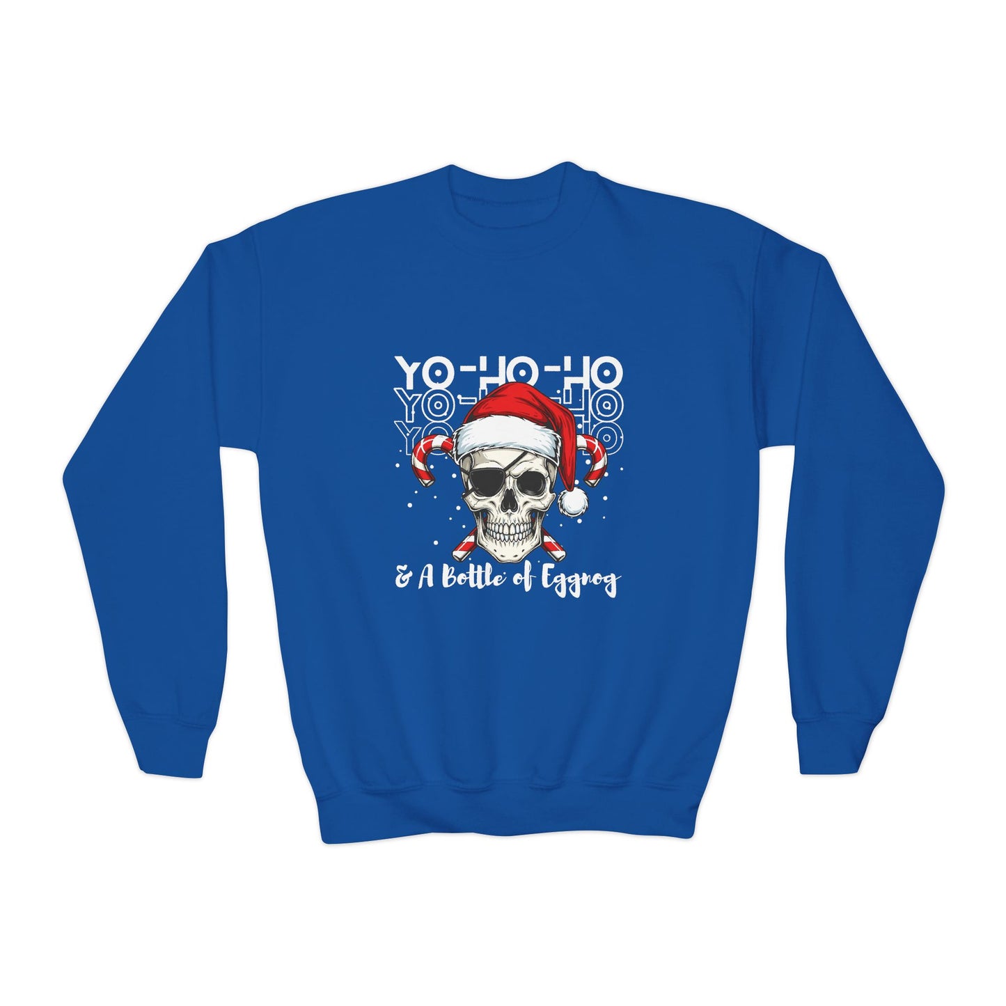 Blue sweatshirt with a skull wearing a Santa hat and text 'Yo-Ho-H0 & A Bottle of Eggnog'