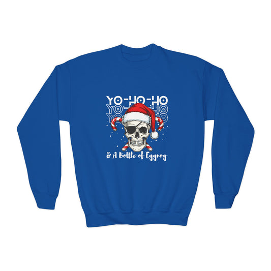 Blue sweatshirt with a skull wearing a Santa hat and text 'Yo-Ho-H0 & A Bottle of Eggnog'