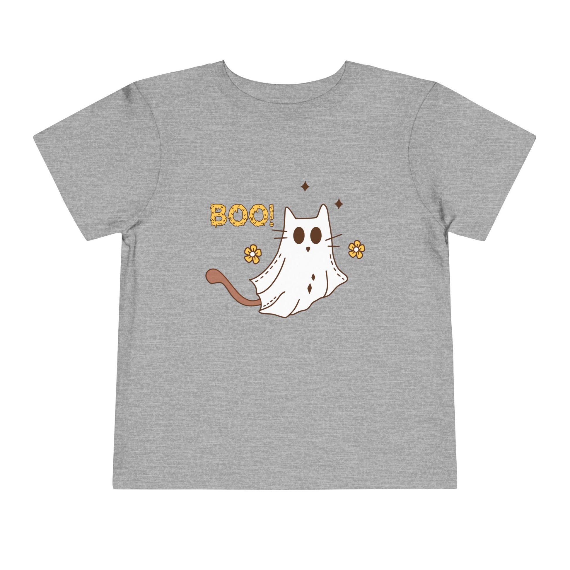 Light gray toddler t-shirt with a cat dressed as a ghost and text 'BOO!' on a white background