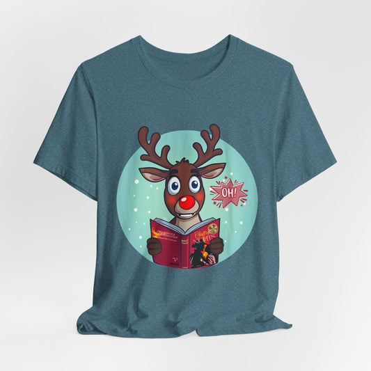 Teen/Adult Unisex Reindeer Shocked While Reading T-Shirt â€“ Funny Christmas Book Lover Design Printify