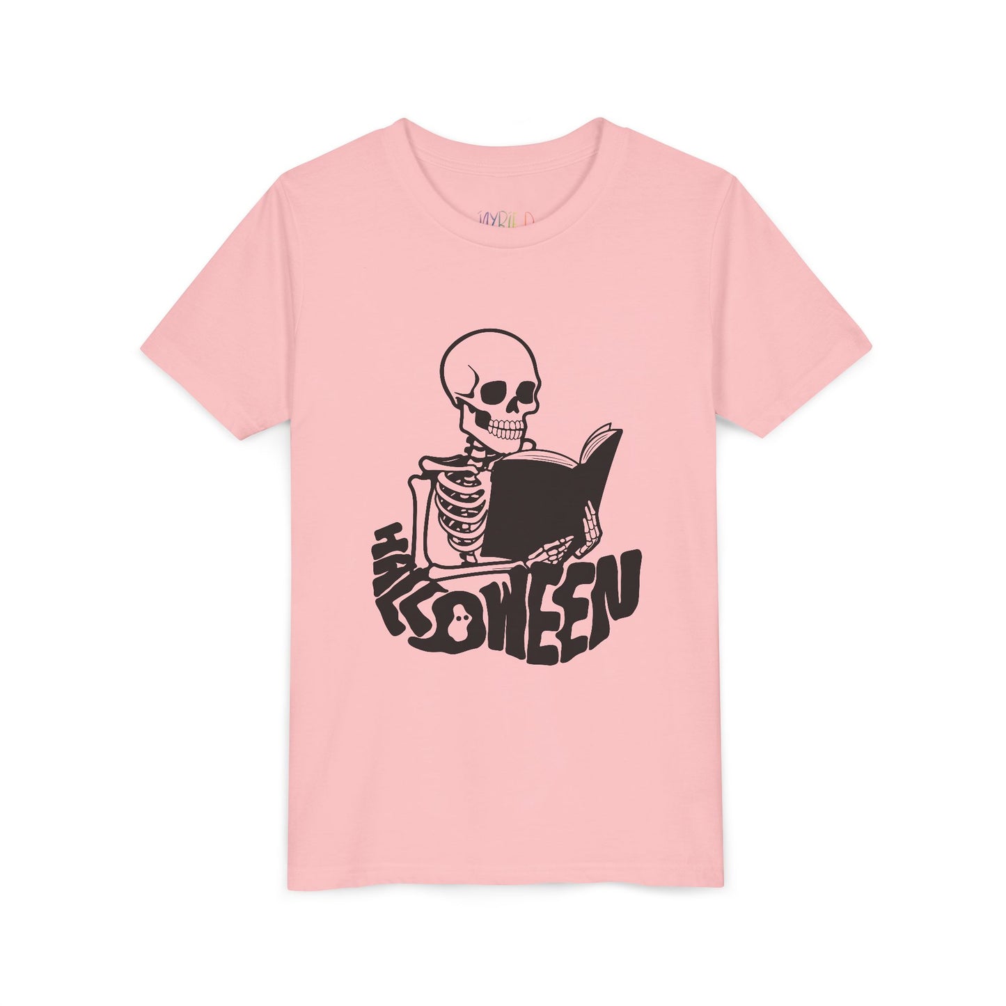 Pink t-shirt with a black skeleton reading a book and 'Halloween' text spelled out in a spooky font