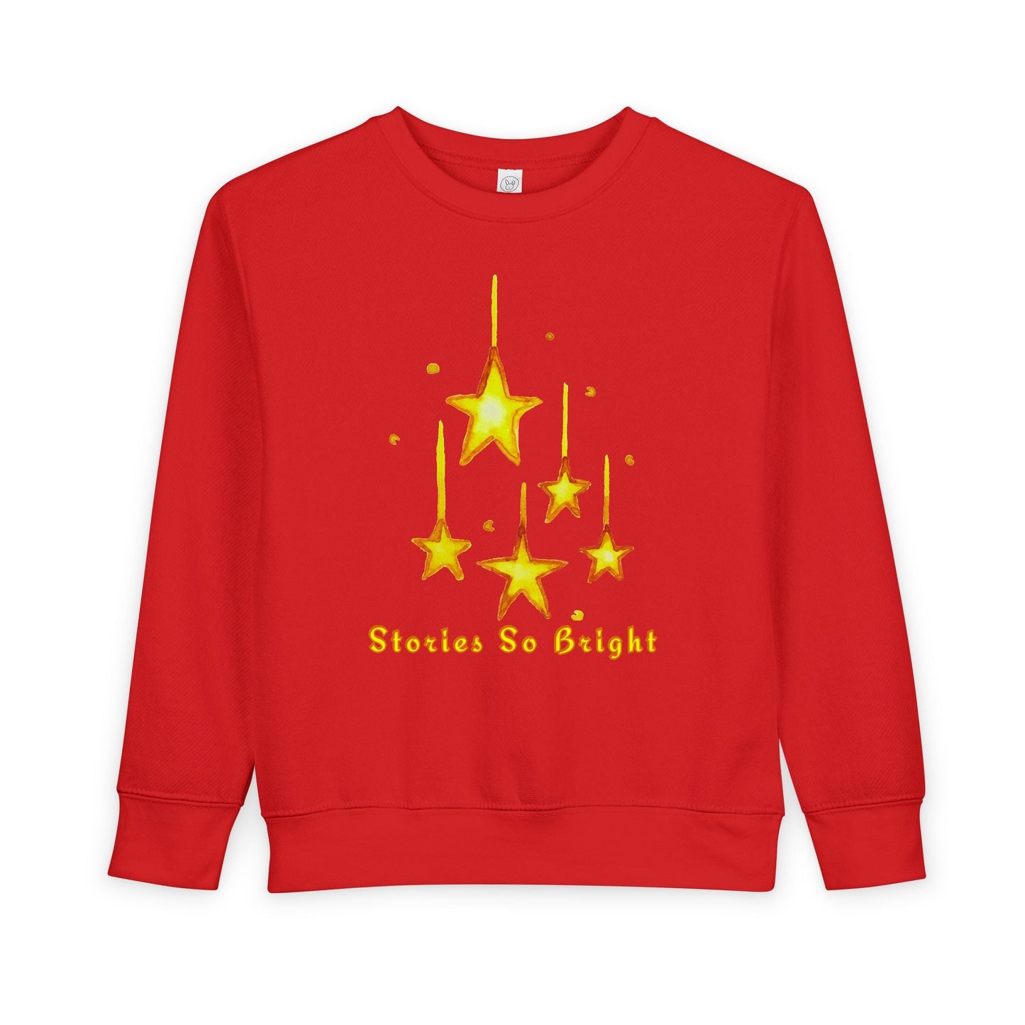 Red toddler sweatshirt with yellow star design and 'Stories So Bright' text on a white background
