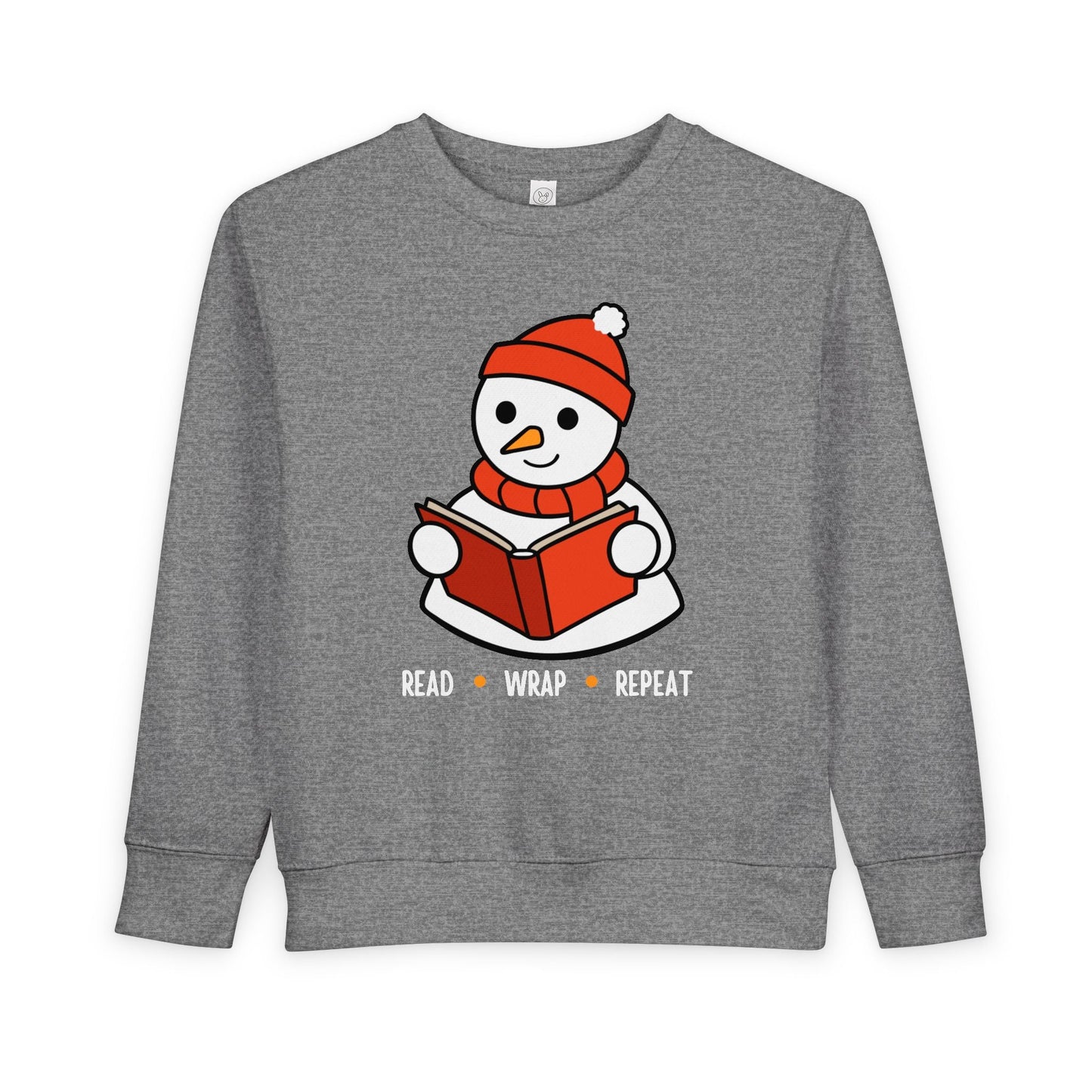 Gray toddler sweatshirt with a snowman reading a book, text 'Read, Wrap, Repeat' on a white background