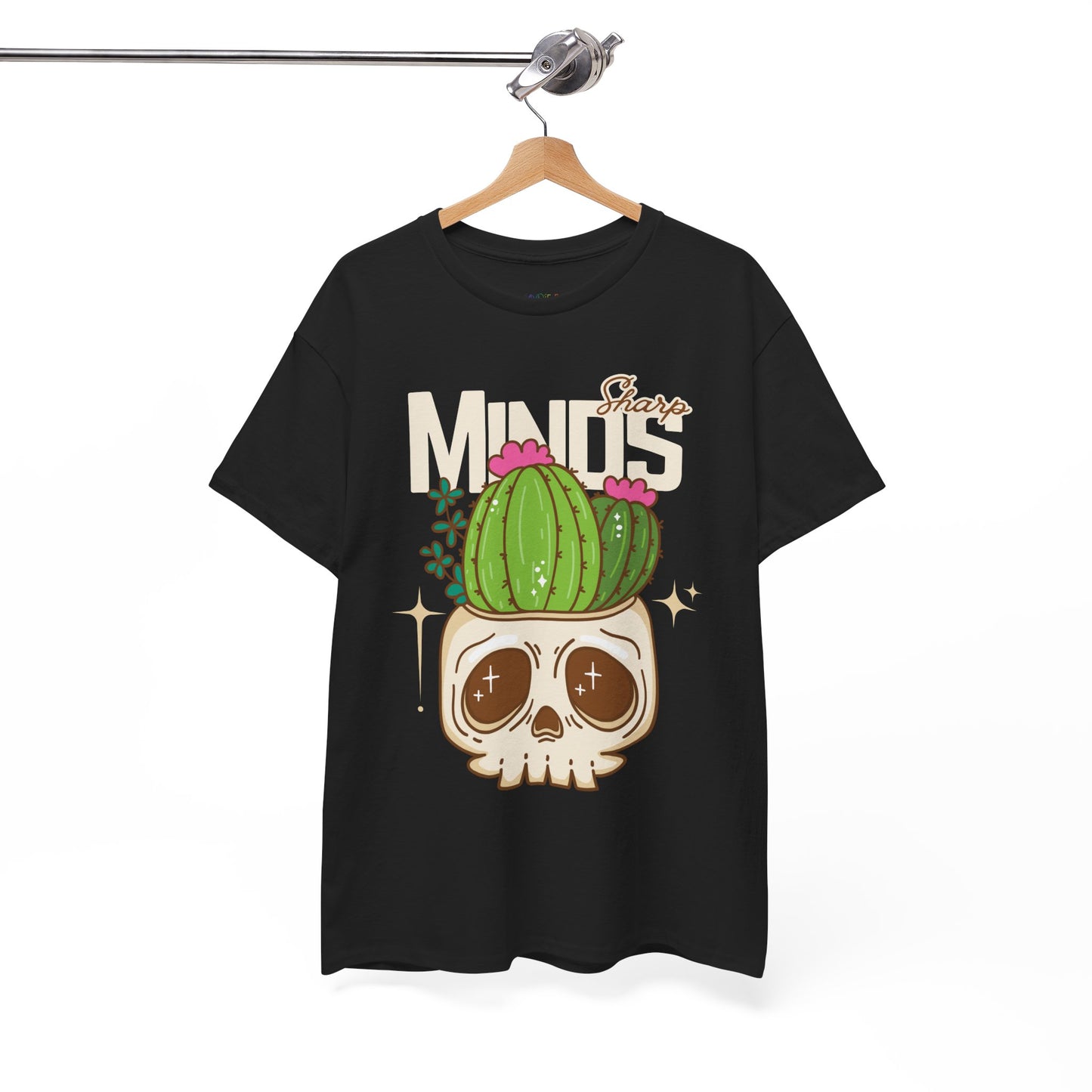 Black t-shirt with an image of a cactus growing out of a skull and text 'Sharp Minds'