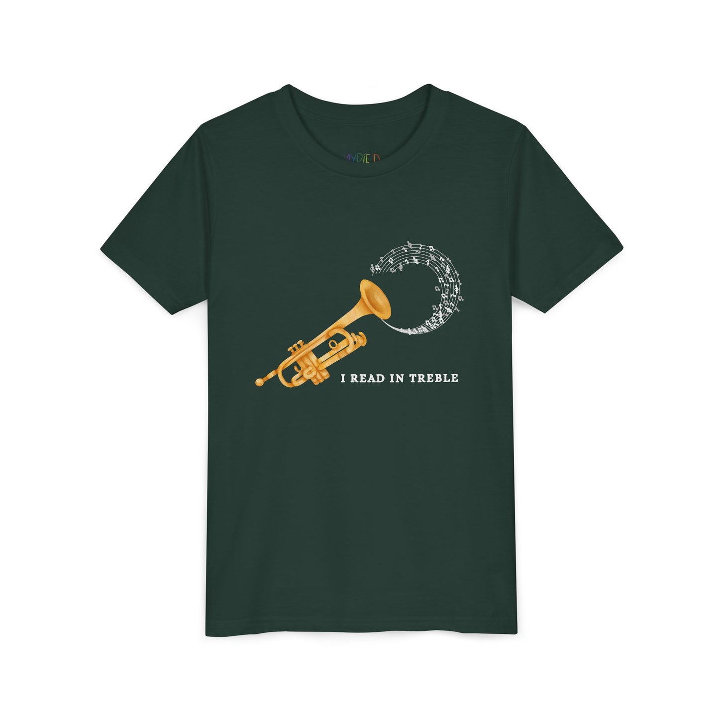 Dark green t-shirt with a gold trumpet graphic, swirling music notes and text 'I Read In Treble'