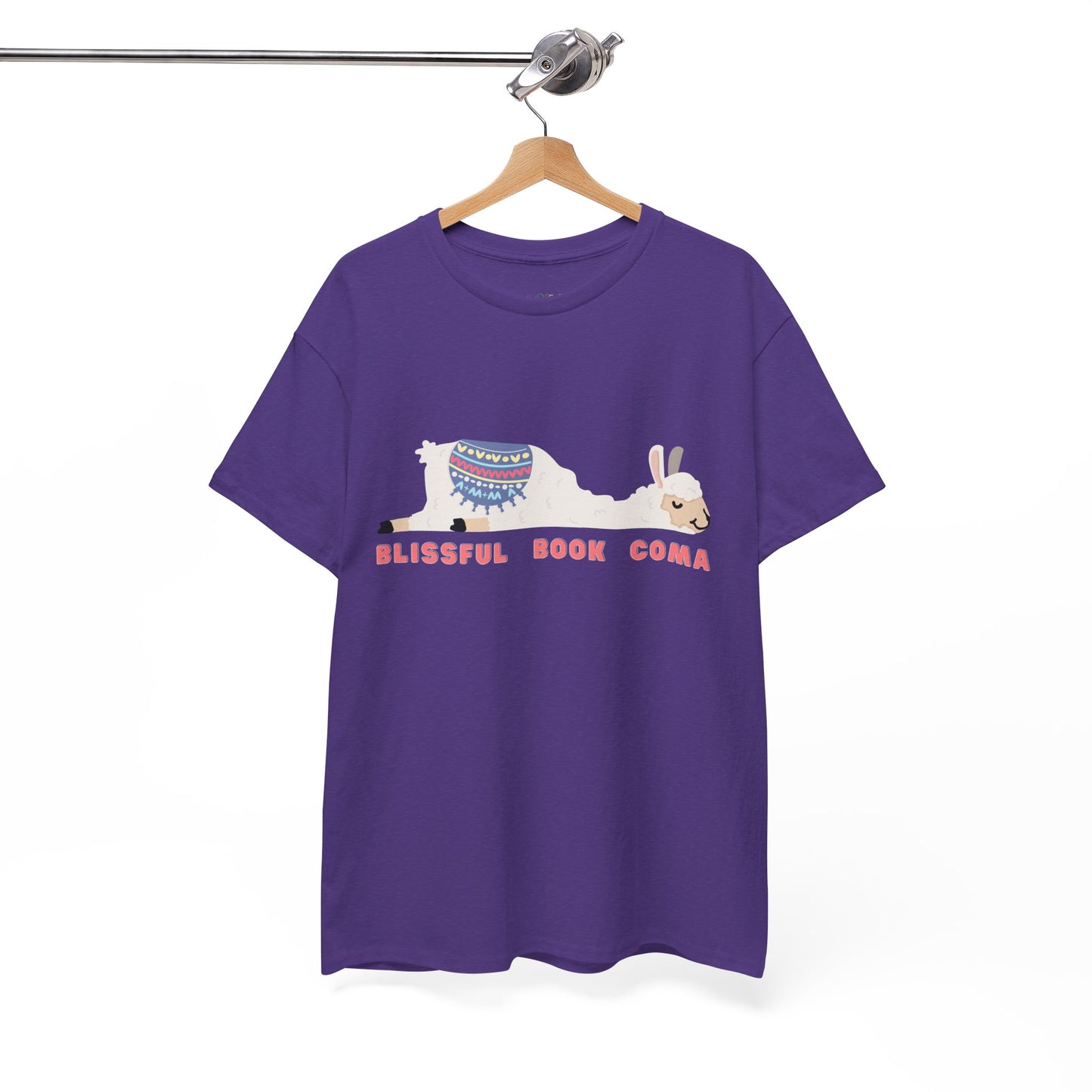 Purple t-shirt with a napping llama and text 'Blissful Book Coma' 