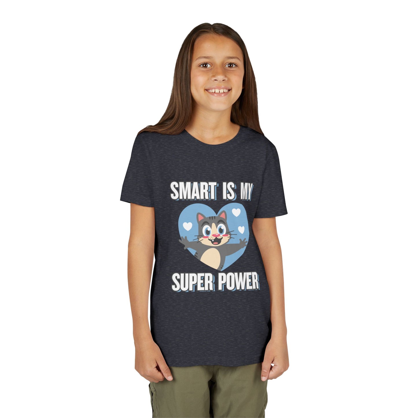 Girl wearing a heather navy t-shirt with cartoon cat character in a blue heart and text 'Smart Is My Super Power'