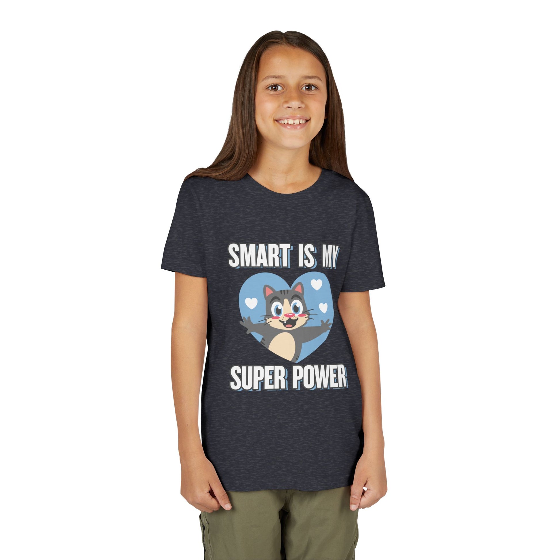 Girl wearing a heather navy t-shirt with cartoon cat character in a blue heart and text 'Smart Is My Super Power'