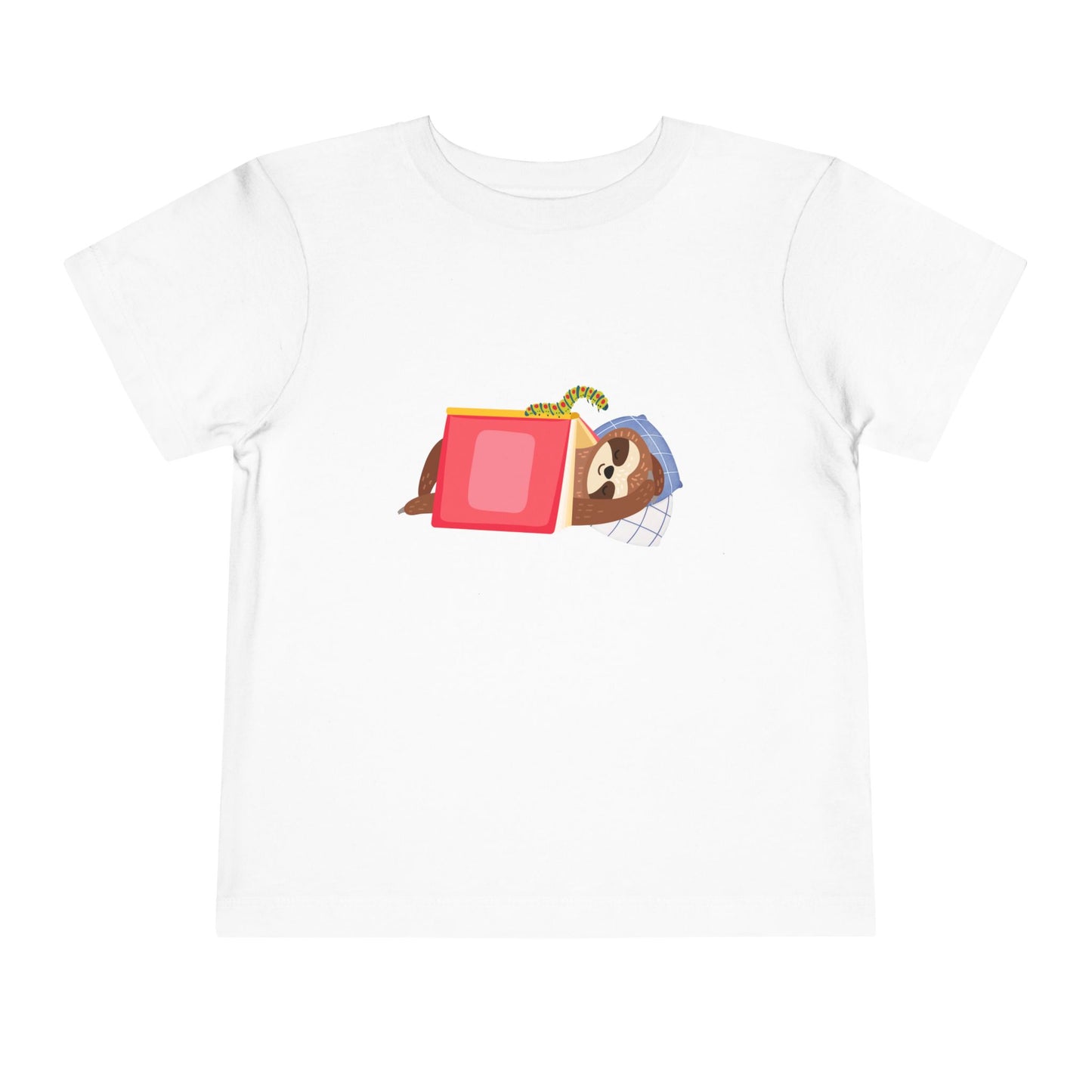 White toddler t-shirt featuring a book work looking at a sleeping sloth under a book