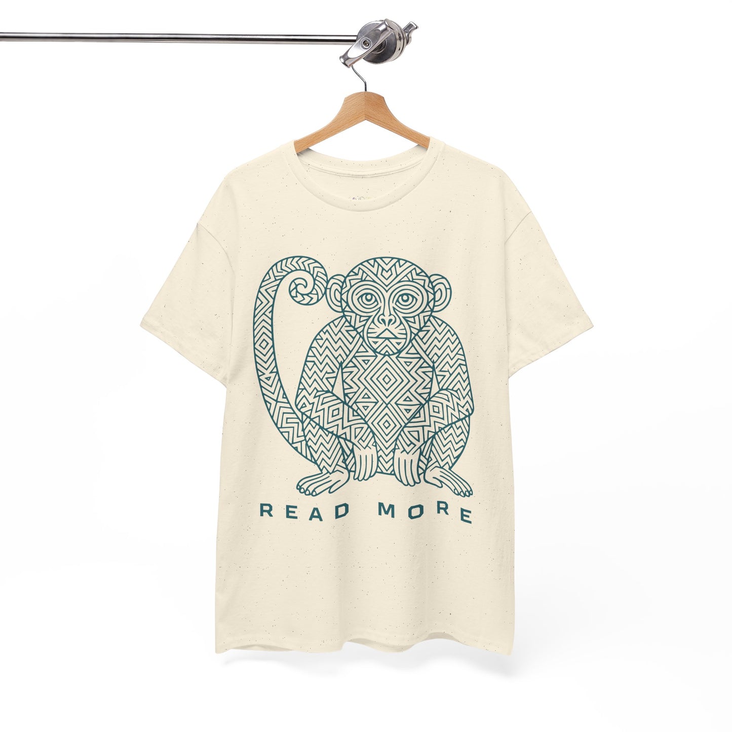 Beige t-shirt with a monkey graphic and 'Read More' text
