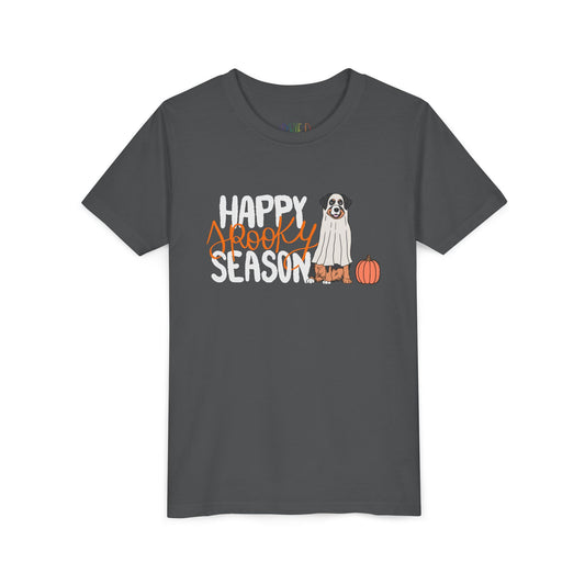 Gray t-shirt with 'Happy Spooky Season' text and a dog dressed as a ghost