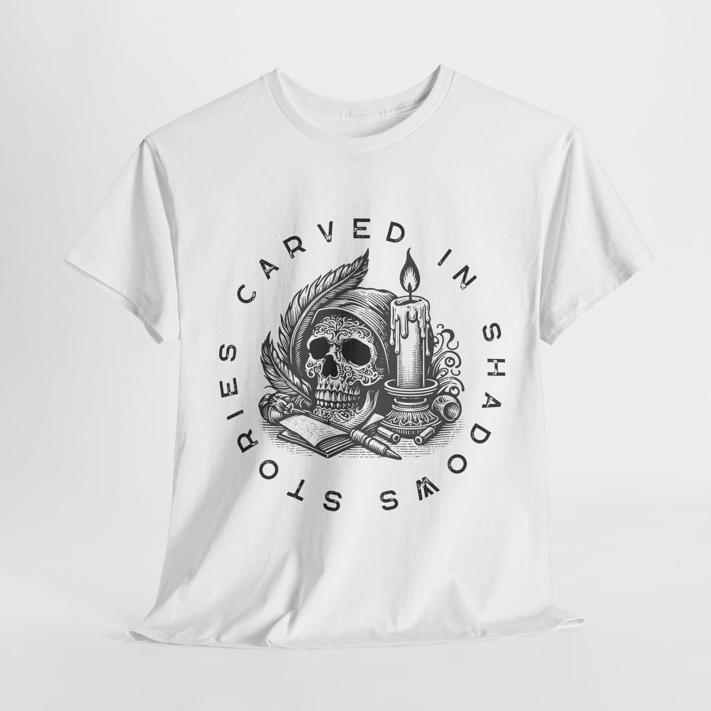 Teen/Adult Unisex Stories Carved in Shadows T-Shirt – Gothic Horror Reader Tee