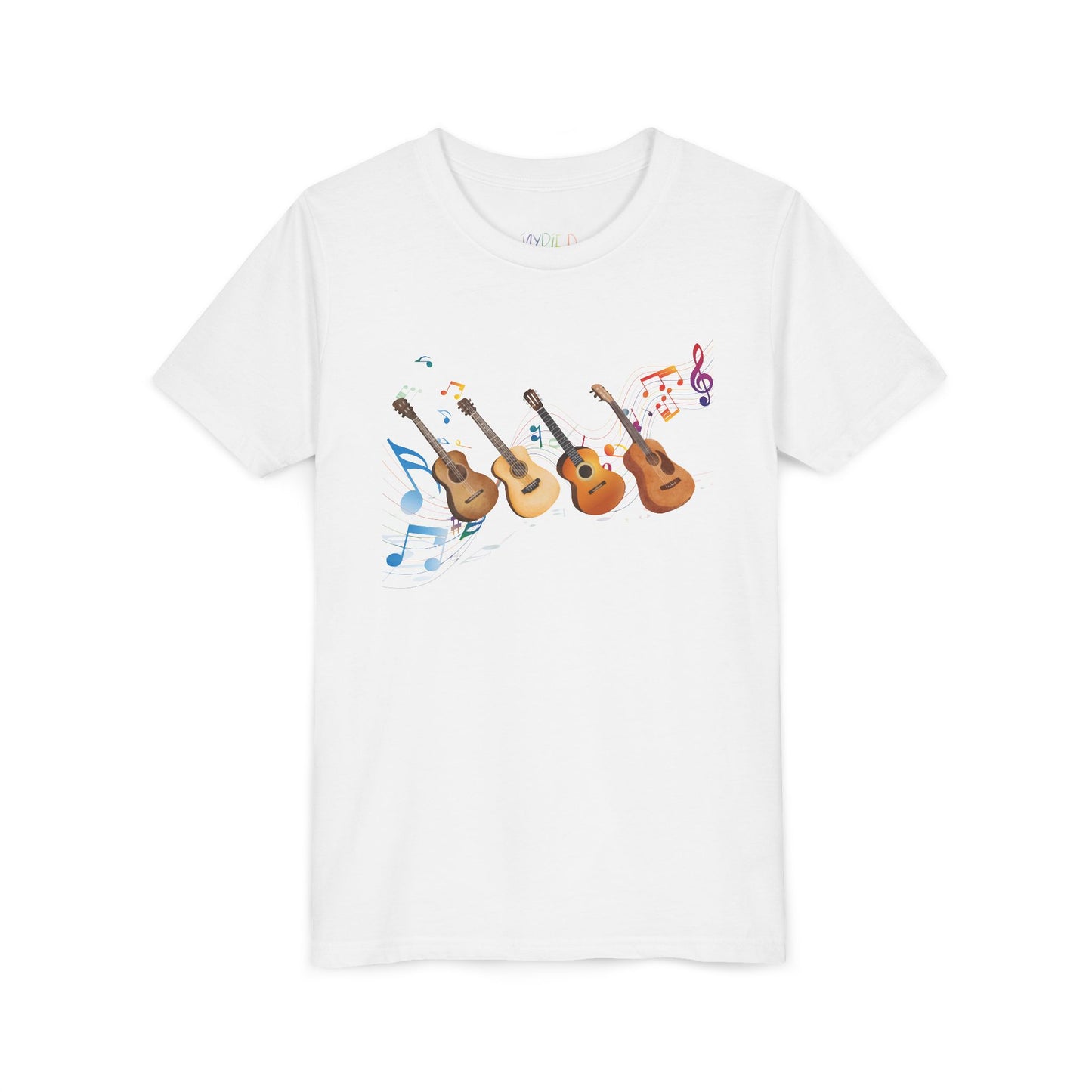 White t-shirt with colorful music notes and a row of guitars 