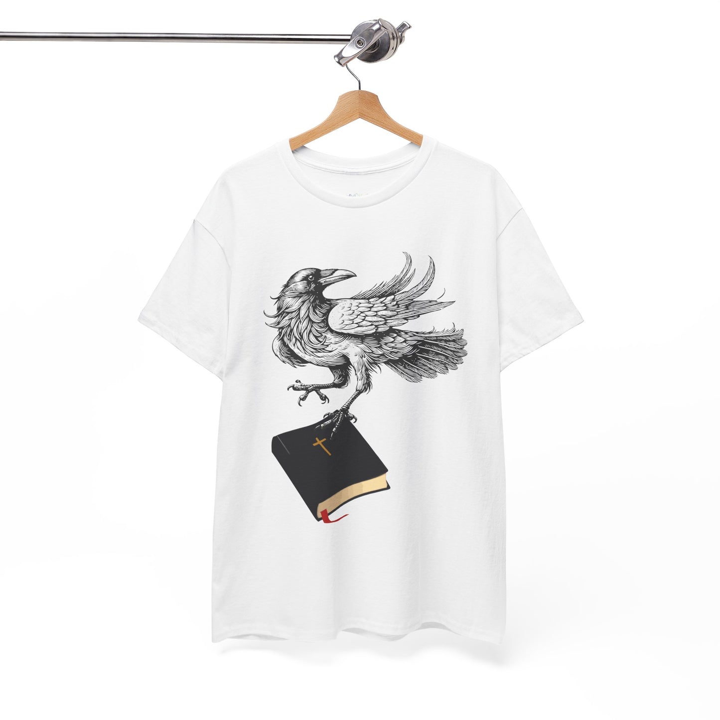 White t-shirt with a crow carying a bible, a shirt on a hanger against a white background
