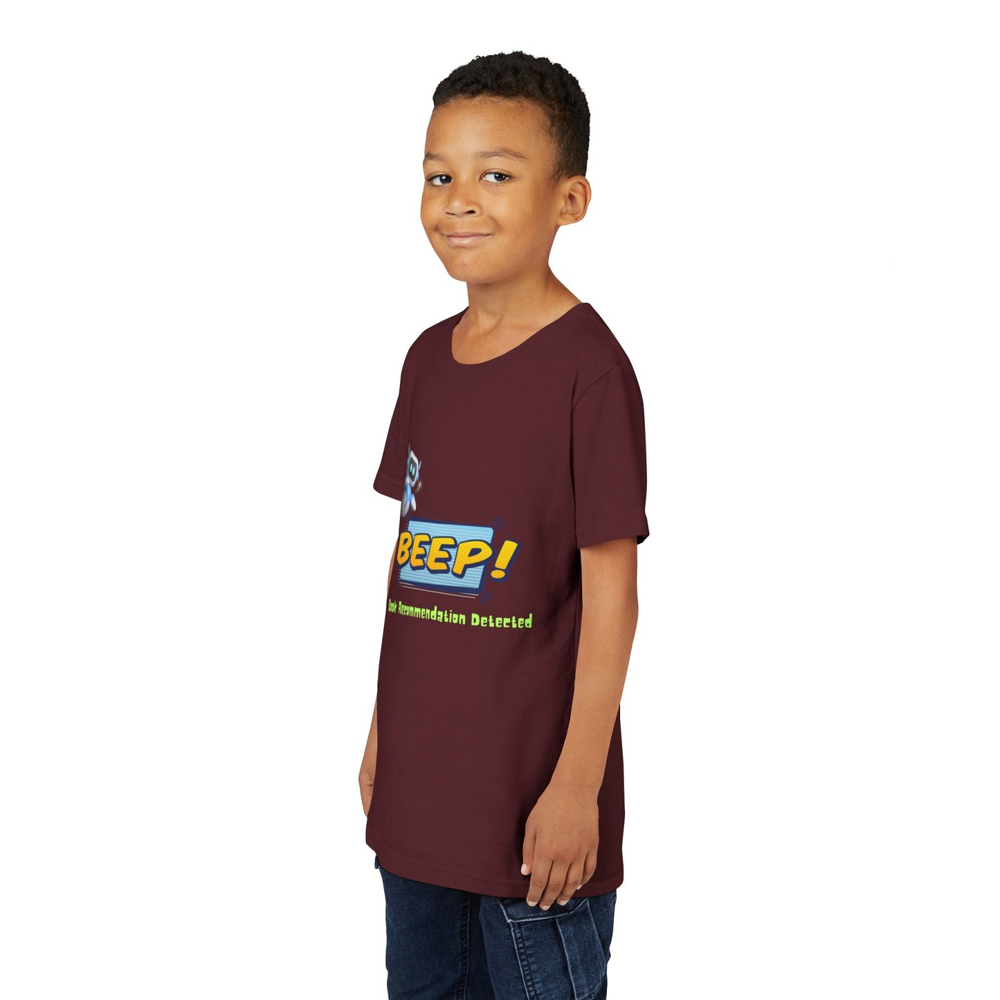 Boy wearing a maroon t-shirt with robot graphic and 'BEEP! Book Recommendation Detected' text 