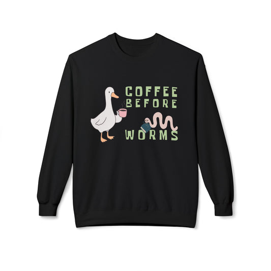 Teen/Adult Unisex Coffee Before Worms Sweatshirt – Funny Duck Morning Sweatshirt