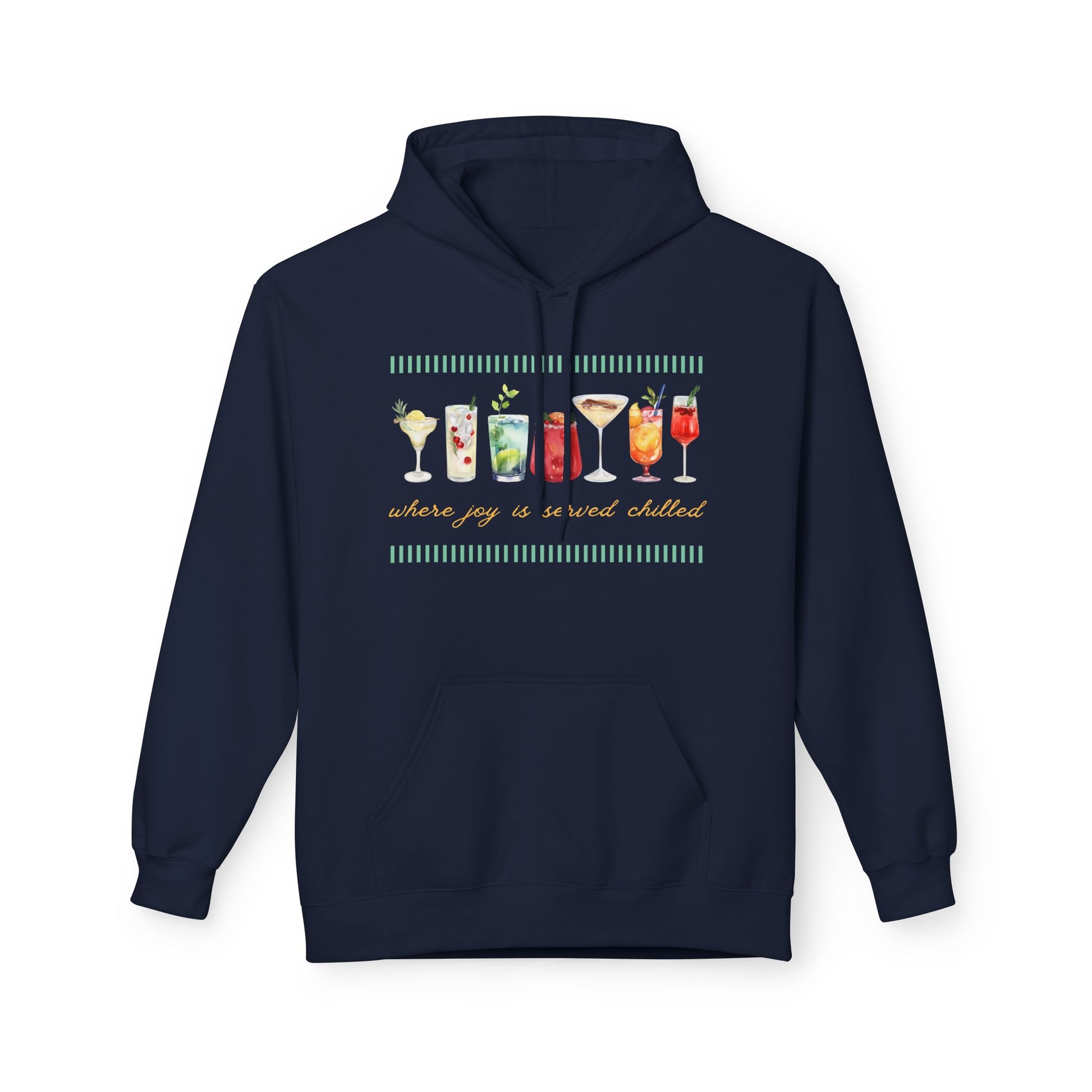 Navy blue hoodie with a row of fancy cocktail graphics and text 'where joy is served chilled'