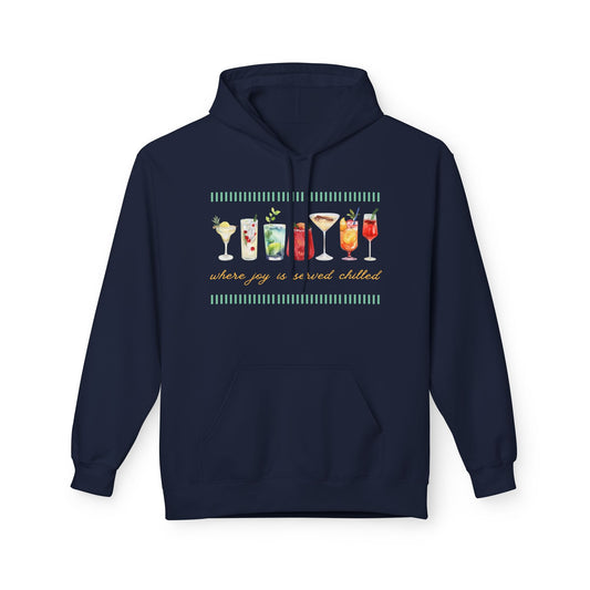 Navy blue hoodie with a row of fancy cocktail graphics and text 'where joy is served chilled'