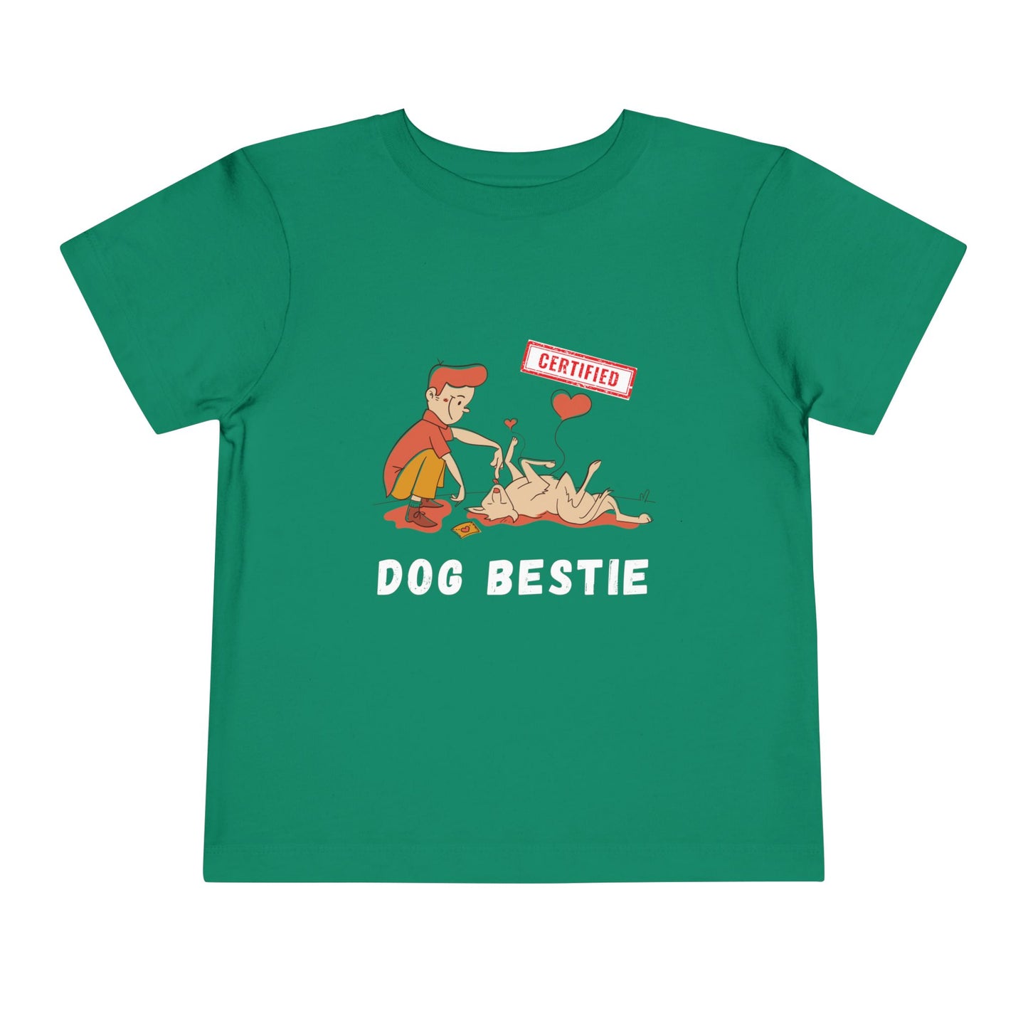Green toddler t-shirt with cartoon graphic and a boy and his dog with 'Dog Bestie' text