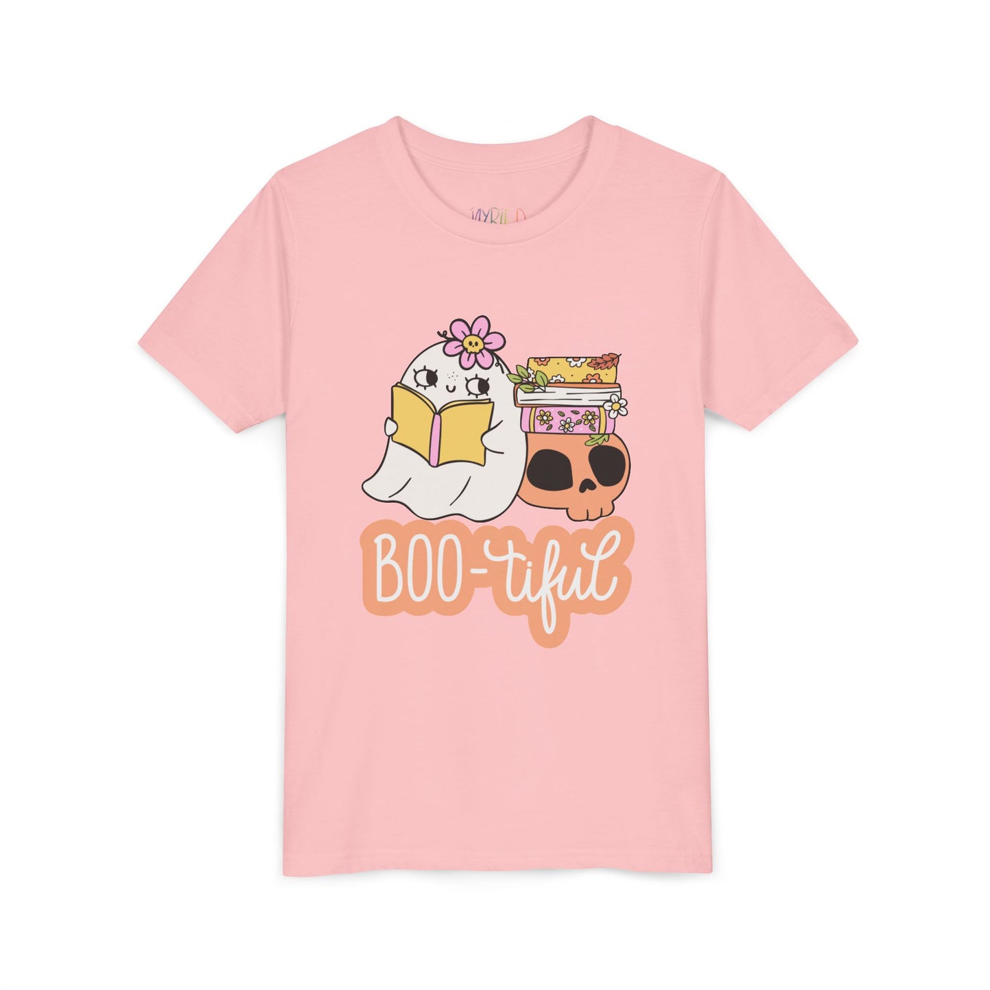 Youth Boo-tiful Halloween Tee – Cute Ghost & Books Design