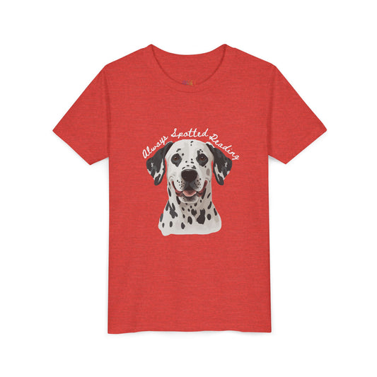 Red t-shirt with a Dalmatian dog graphic and text 'Always Spotted Reading'