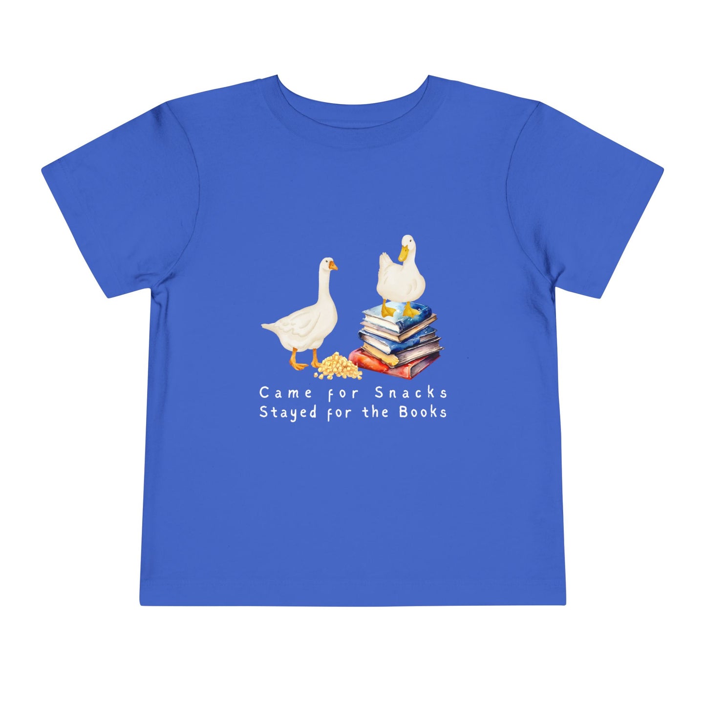 Blue toddler t-shirt with cartoon ducks, books and text 'Came for Snacks, Stayed for the Books'
