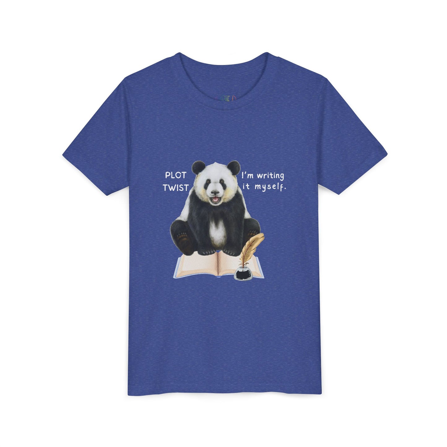 Blue t-shirt with a panda graphic and text 'Plot Twist I'm Writing It Myself'