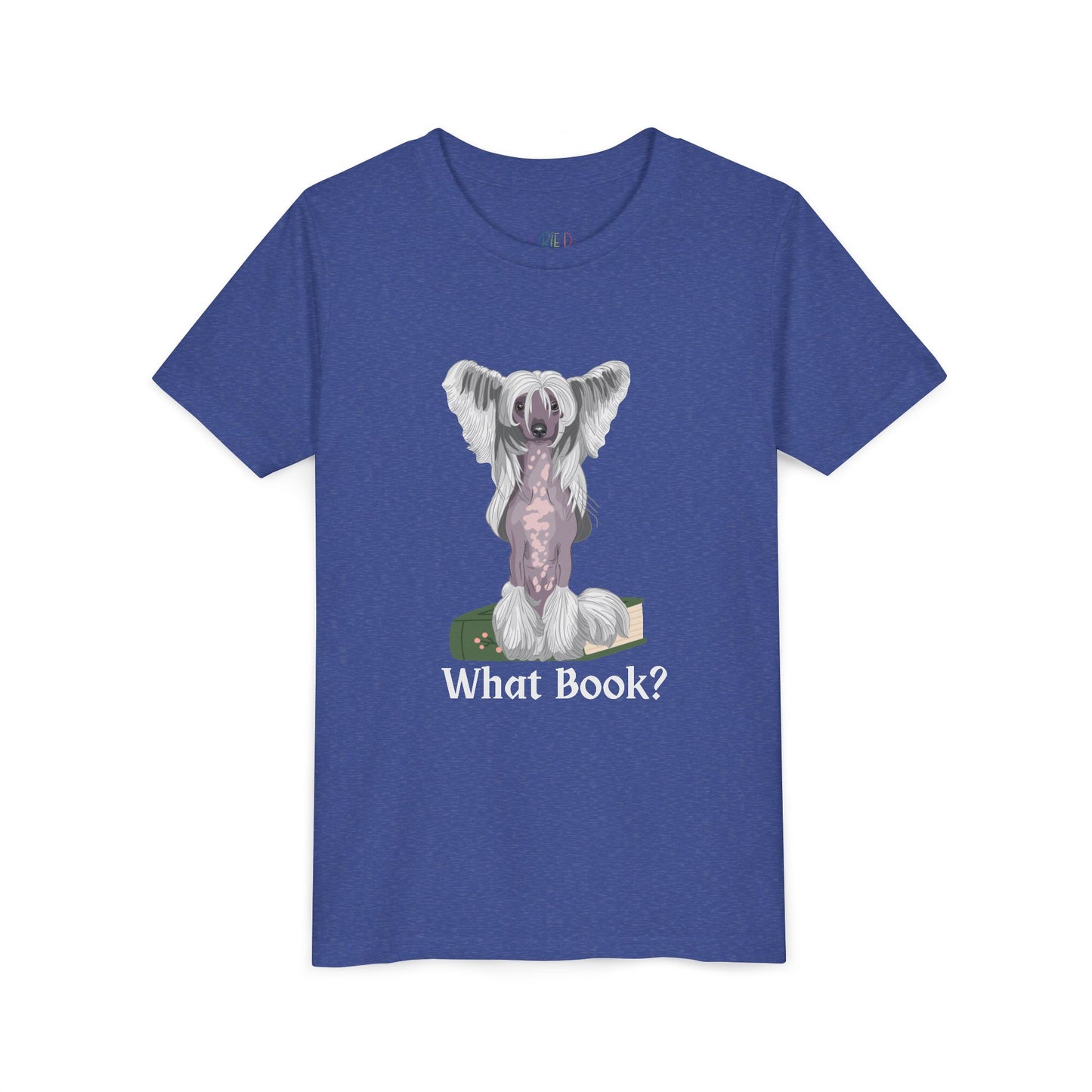 Blue t-shirt with a graphic of a dog sitting on a book and text 'What Book?' 