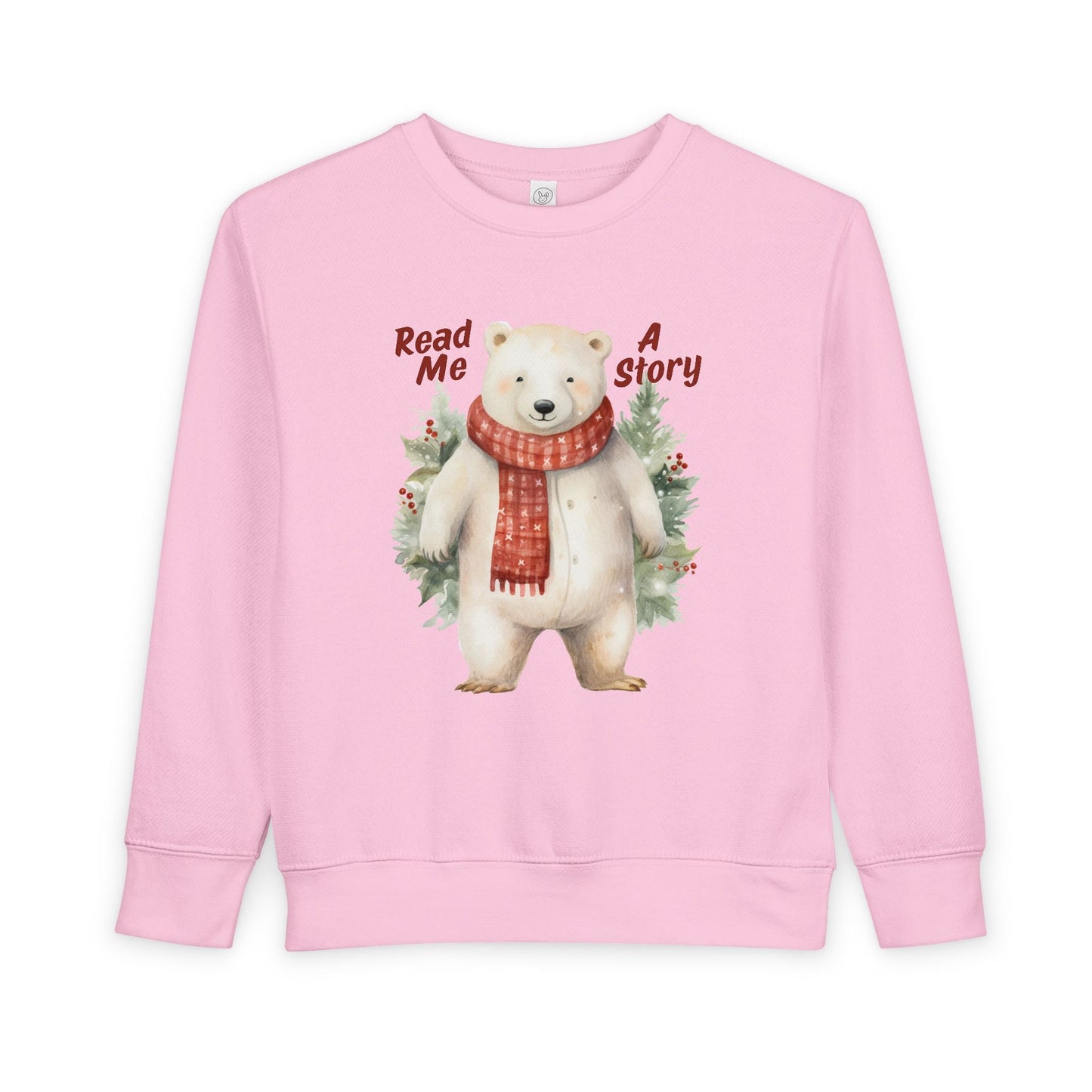 Pink toddler sweatshirt with a polar bear graphic and text 'Read Me A Story' on a white background